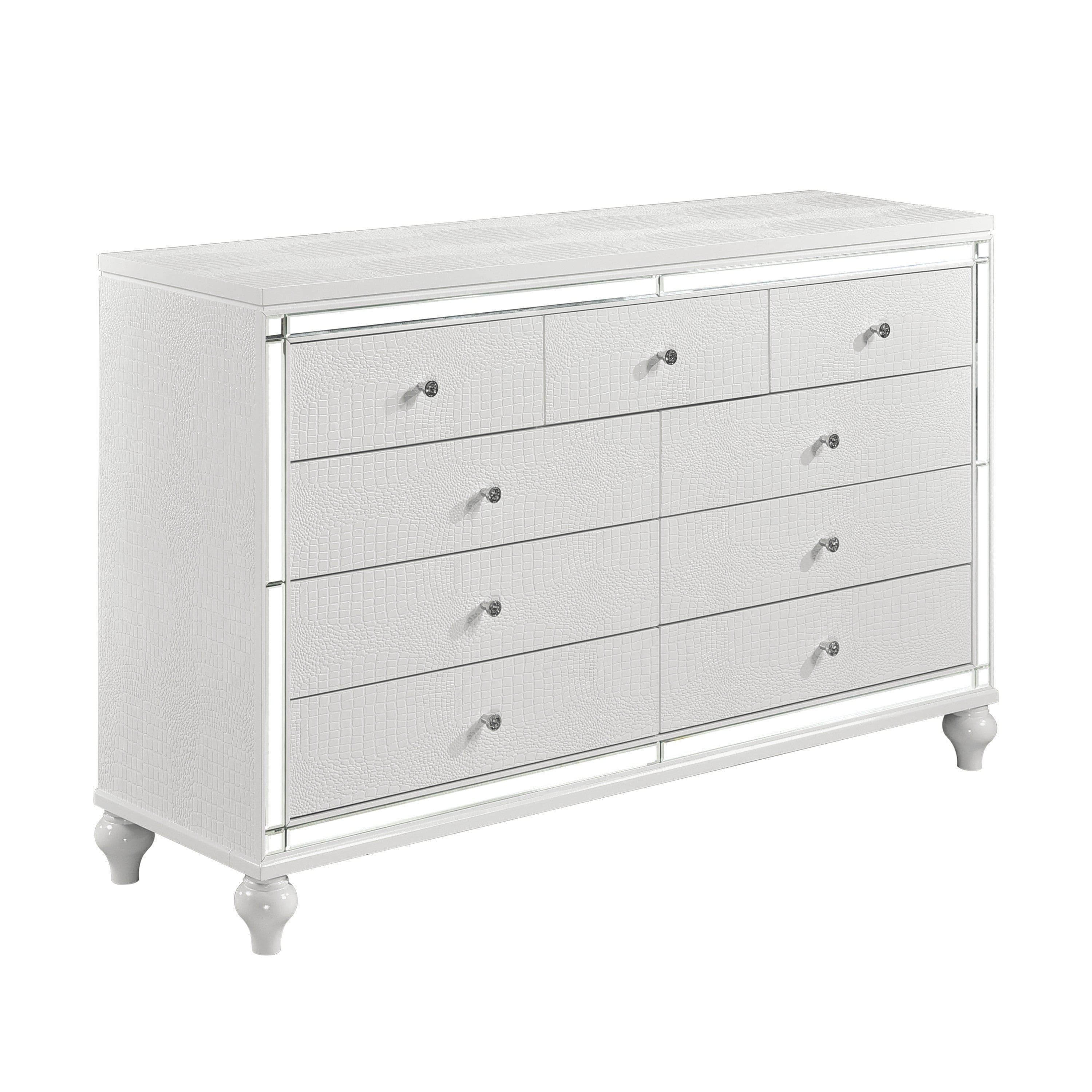 Glamorous Metallic White Finish Dresser of 9x Drawers Faux Crystal Knobs Modern Bedroom Furniture