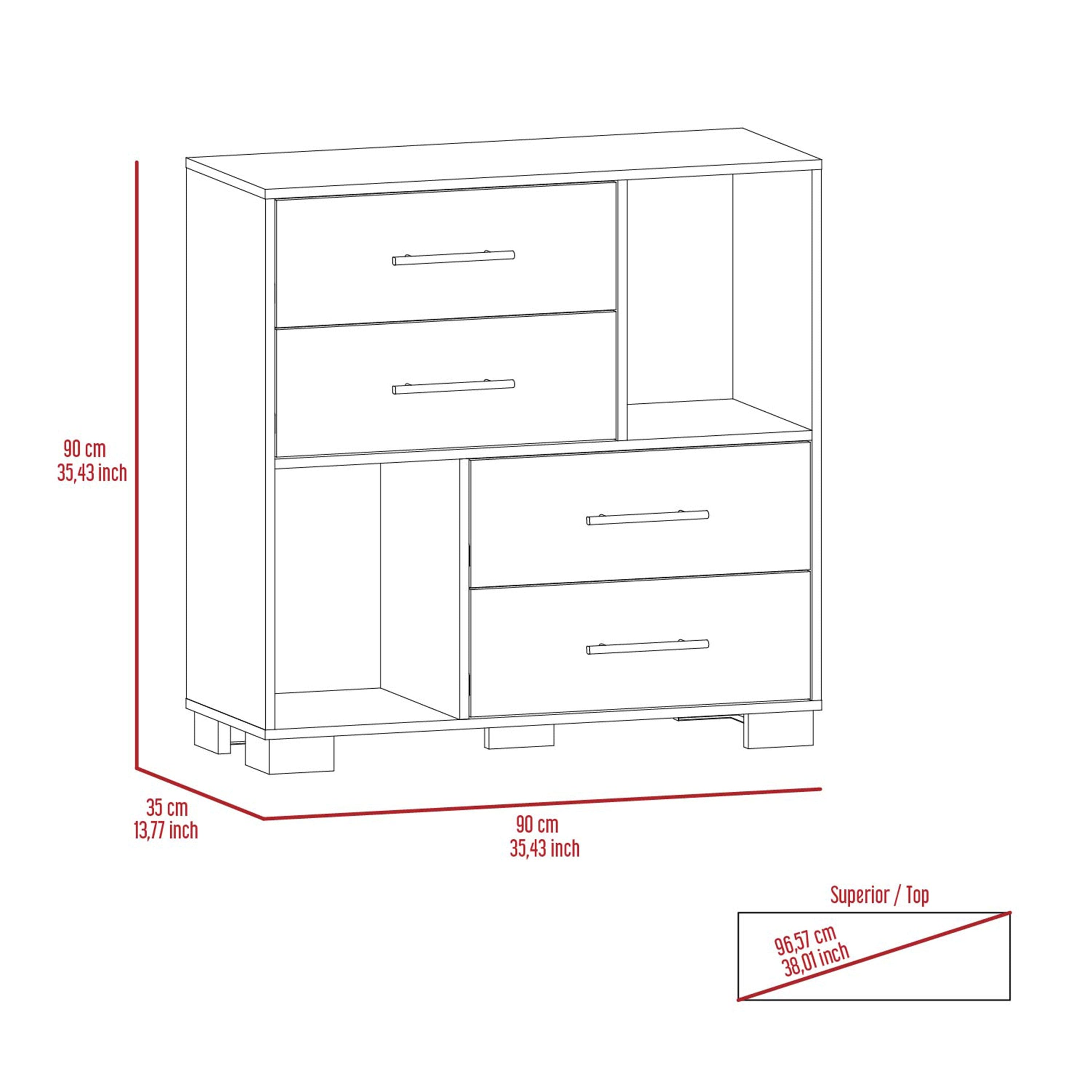 Dresser Hetzs, Four Drawers, Two Open Shelves, White Finish