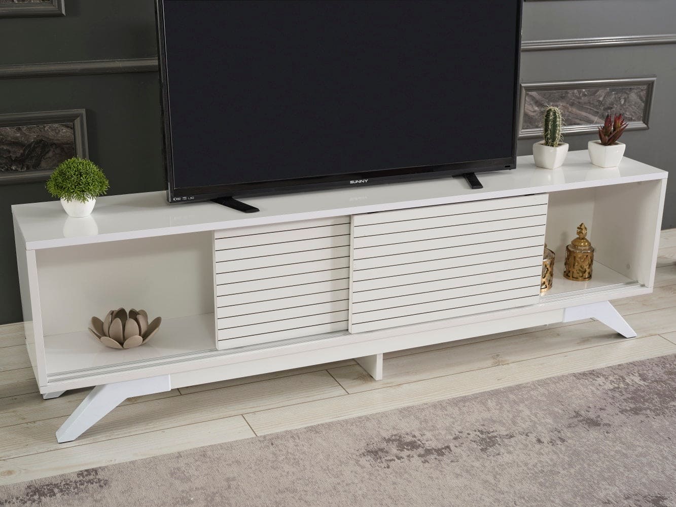 FurnisHome Store Luxia Mid Century Modern Tv Stand 2 Sliding Door Cabinet 2 Shelves 67 inch Tv Uni, White