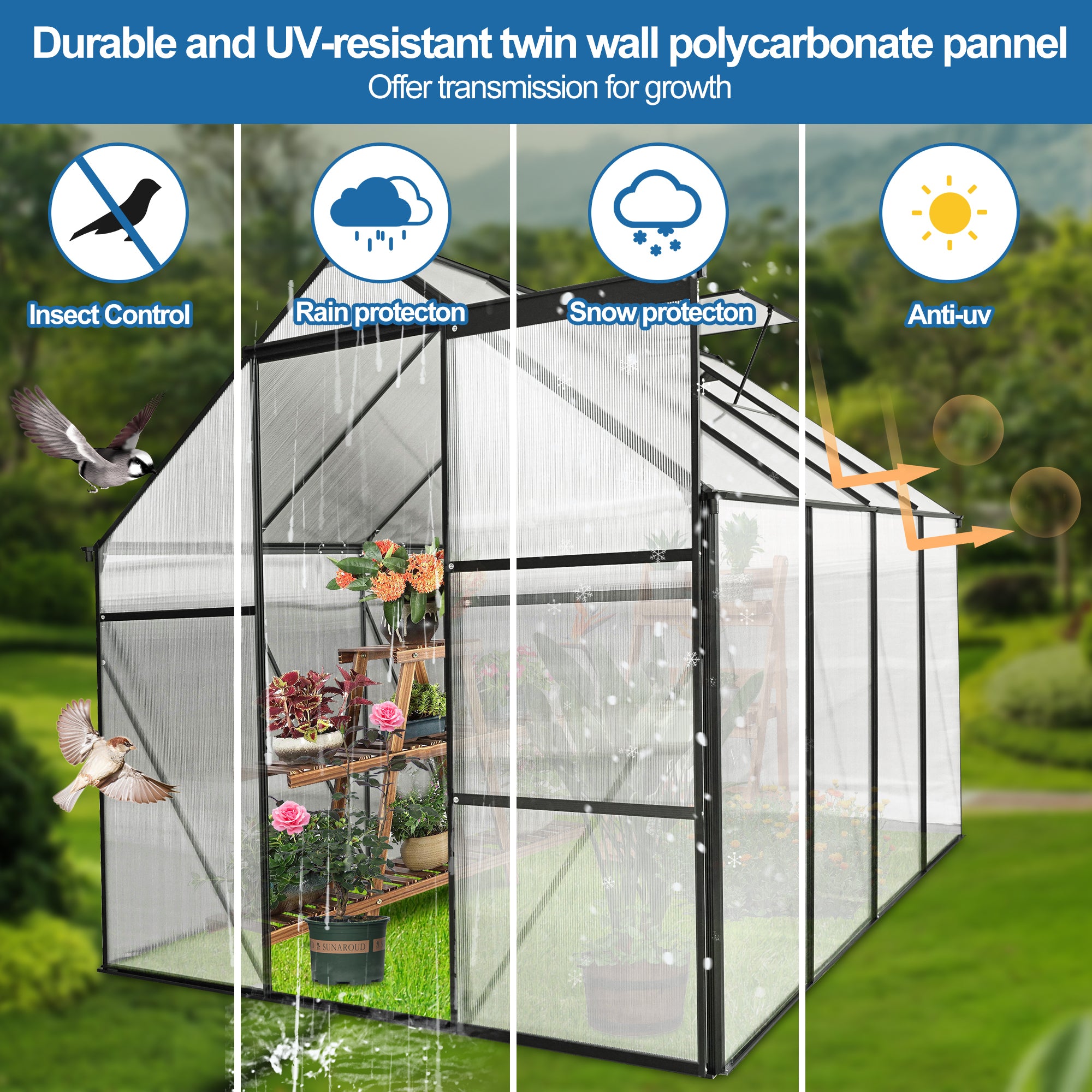 6x8 FT Polycarbonate Greenhouse Raised Base and Anchor Aluminum Heavy Duty Walk-in Greenhouses for Outdoor Backyard in All Season