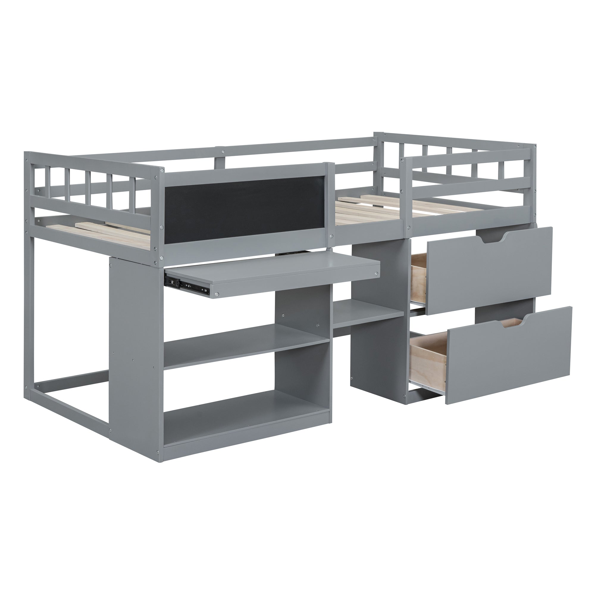 Twin Size Low Loft Bed with Rolling Desk, Shelf and Drawers - Gray