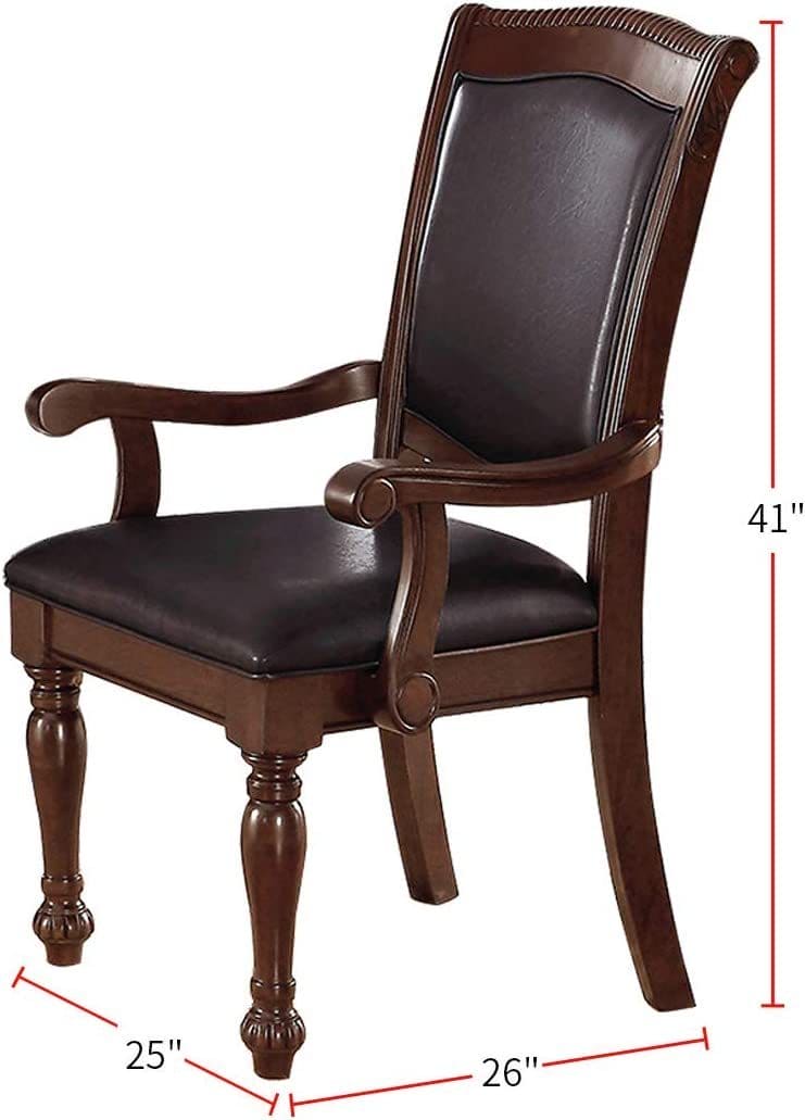 Royal Majestic Formal Set of 2 Arm Chairs Brown Color Rubberwood Dining Room Furniture Faux Leather Upholstered Seat