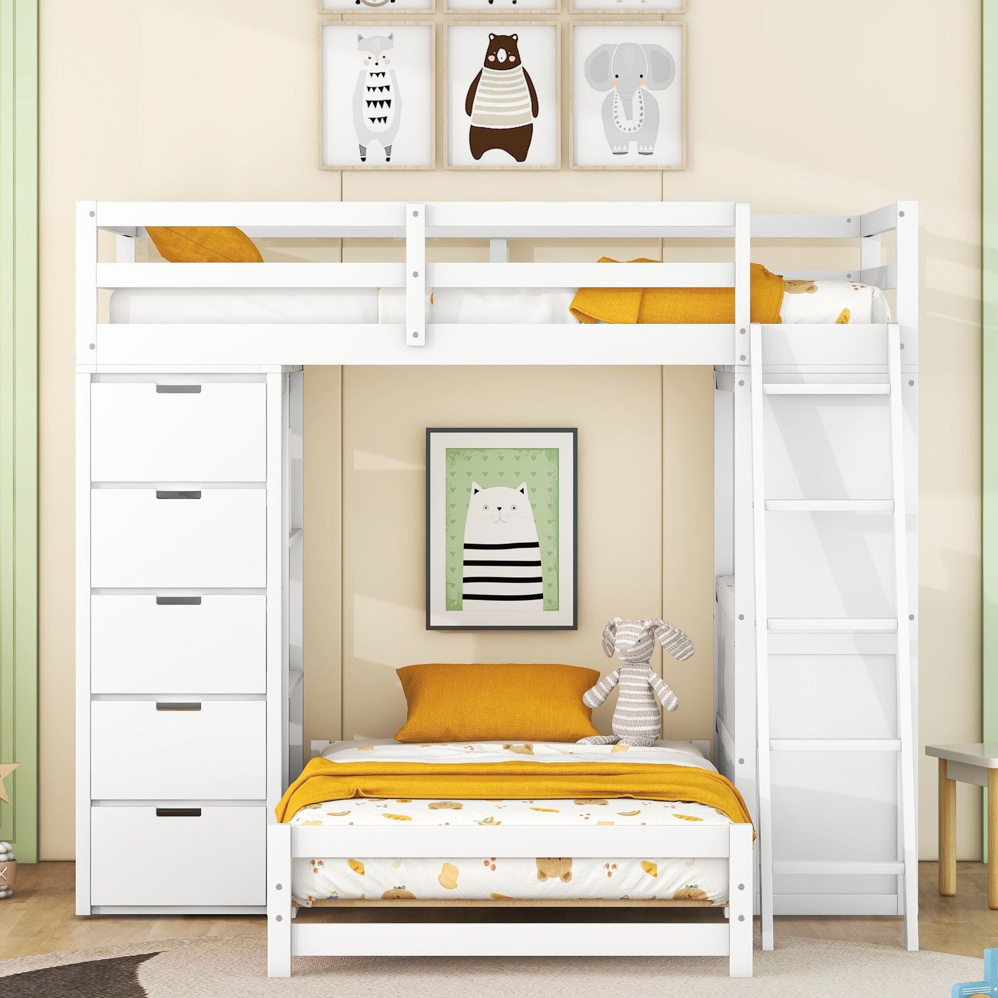 Twin over Twin Bunk Bed with LED Light and USB Ports, White