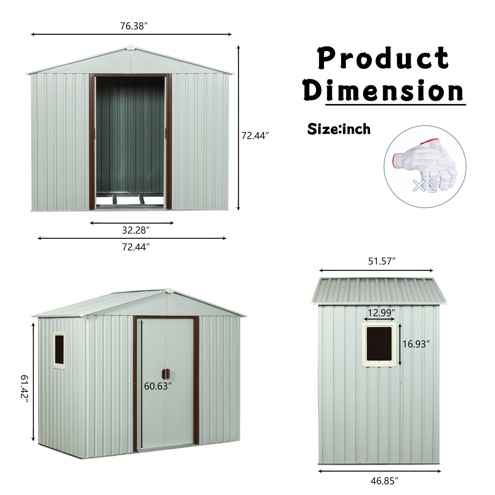 RY-SDYX56-WW 6ft x 5ft Outdoor Metal Storage Shed With window White