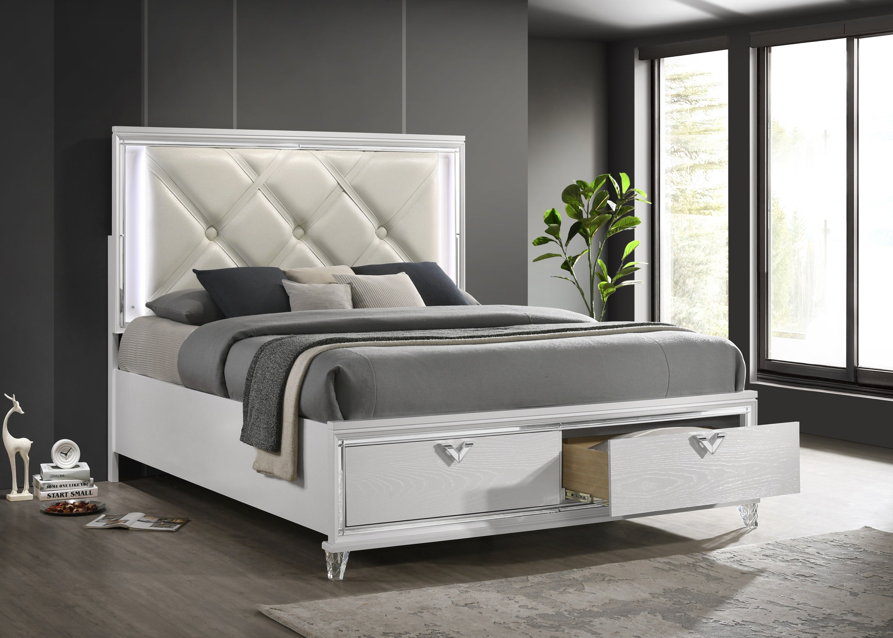 Prism Modern Style King bed with LED Accents & V-Shaped handles