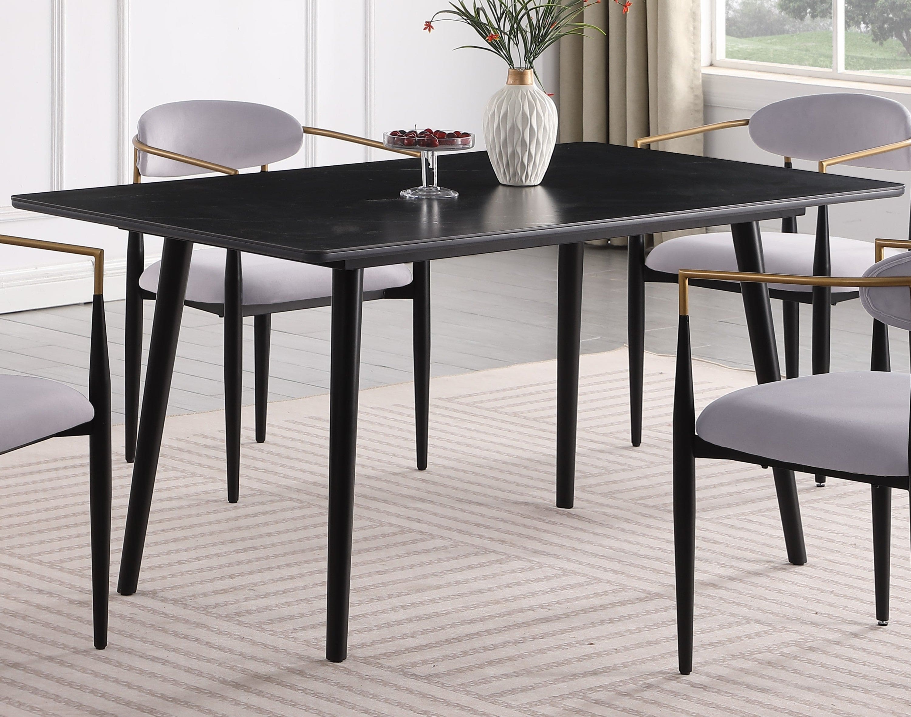 Modern Contemporary 5pc Dining Set Black Sintered Stone Table and Gray Chairs Fabric Upholstered Stylish Furniture