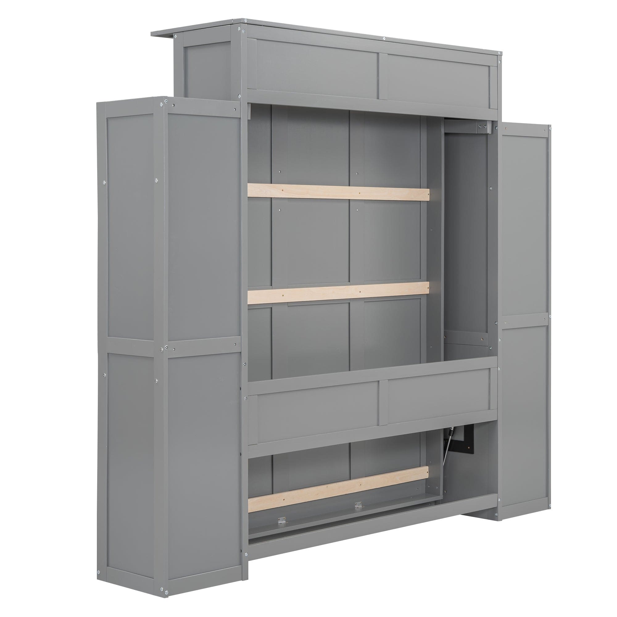 Full Size Murphy Bed Wall Bed with Shelves and LED Lights,Gray