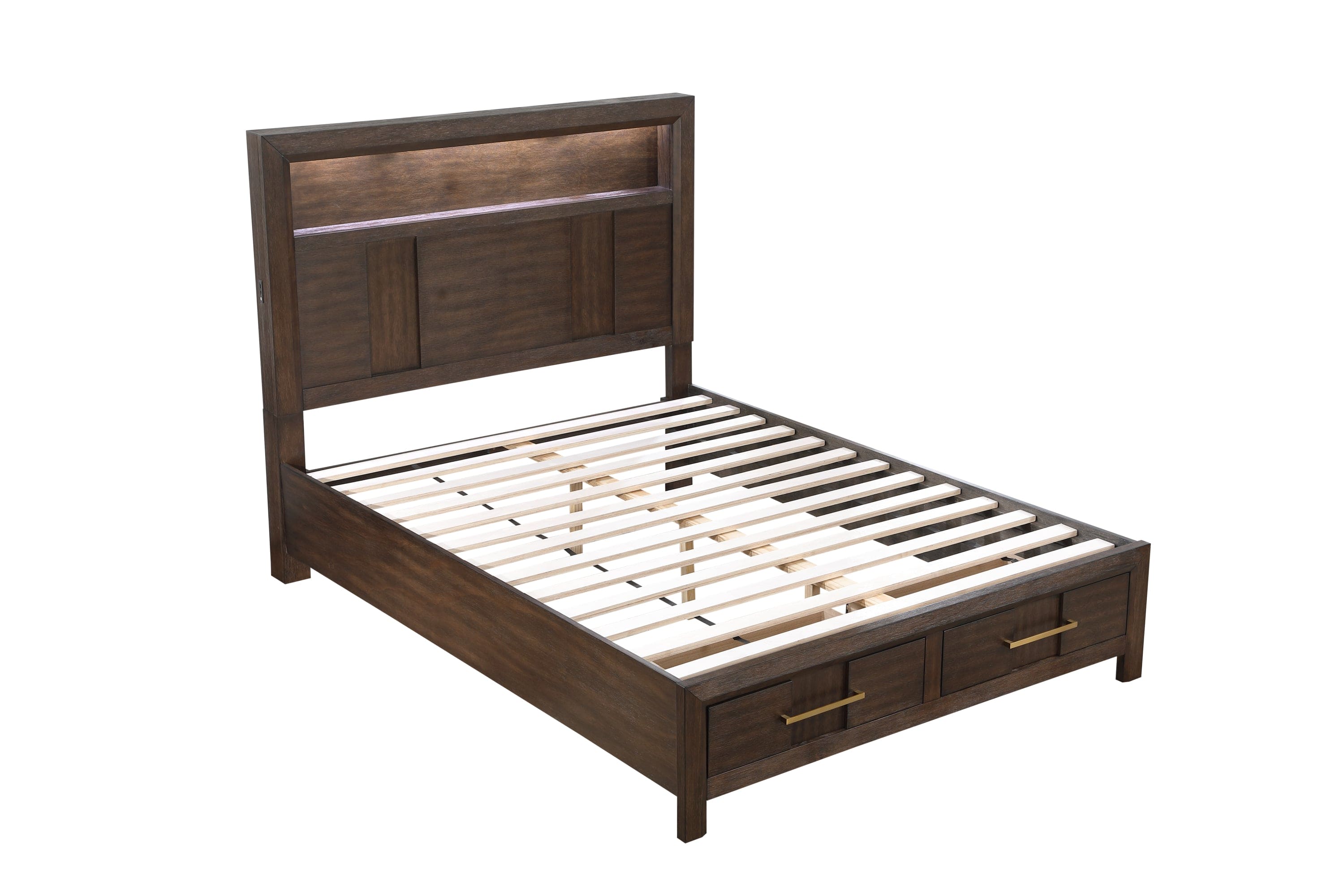 Kenzo Modern Style Full Bed Made with Wood & LED Headboard with bookshelf in Walnut