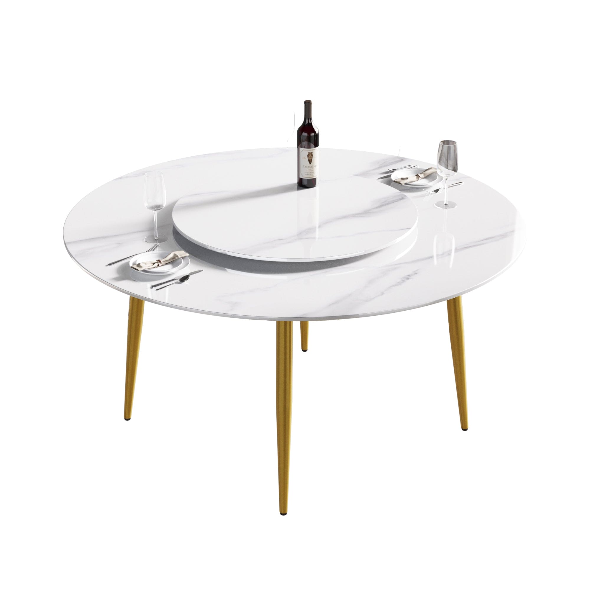 59.05"Modern artificial stone round golden metal dining table-can accommodate 6 people-31.5"white artificial stone turntable