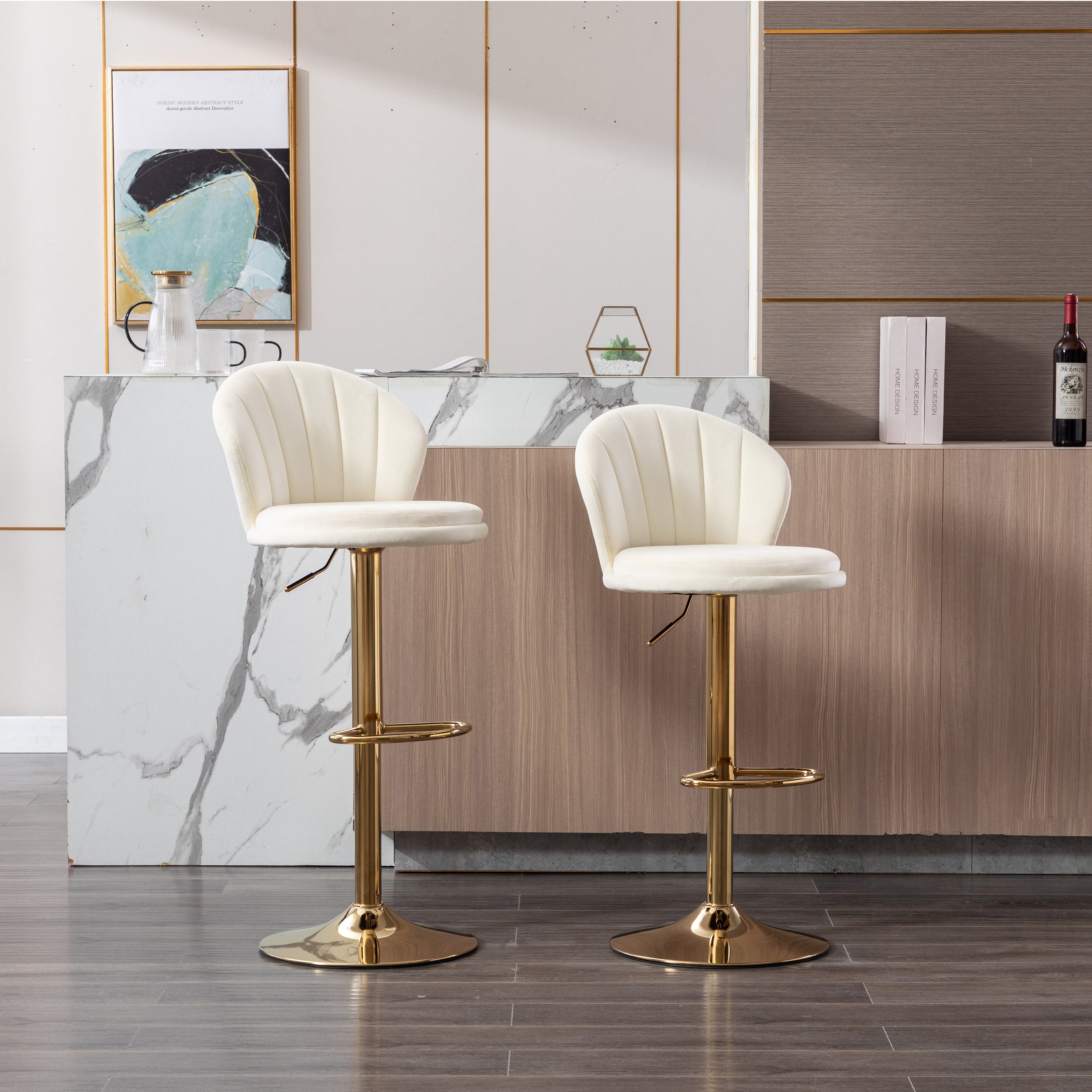 Set of 2  Bar Stools,with Chrome Footrest and Base Swivel Height Adjustable Mechanical Lifting Velvet + Golden Leg Simple Bar Stool-Cream