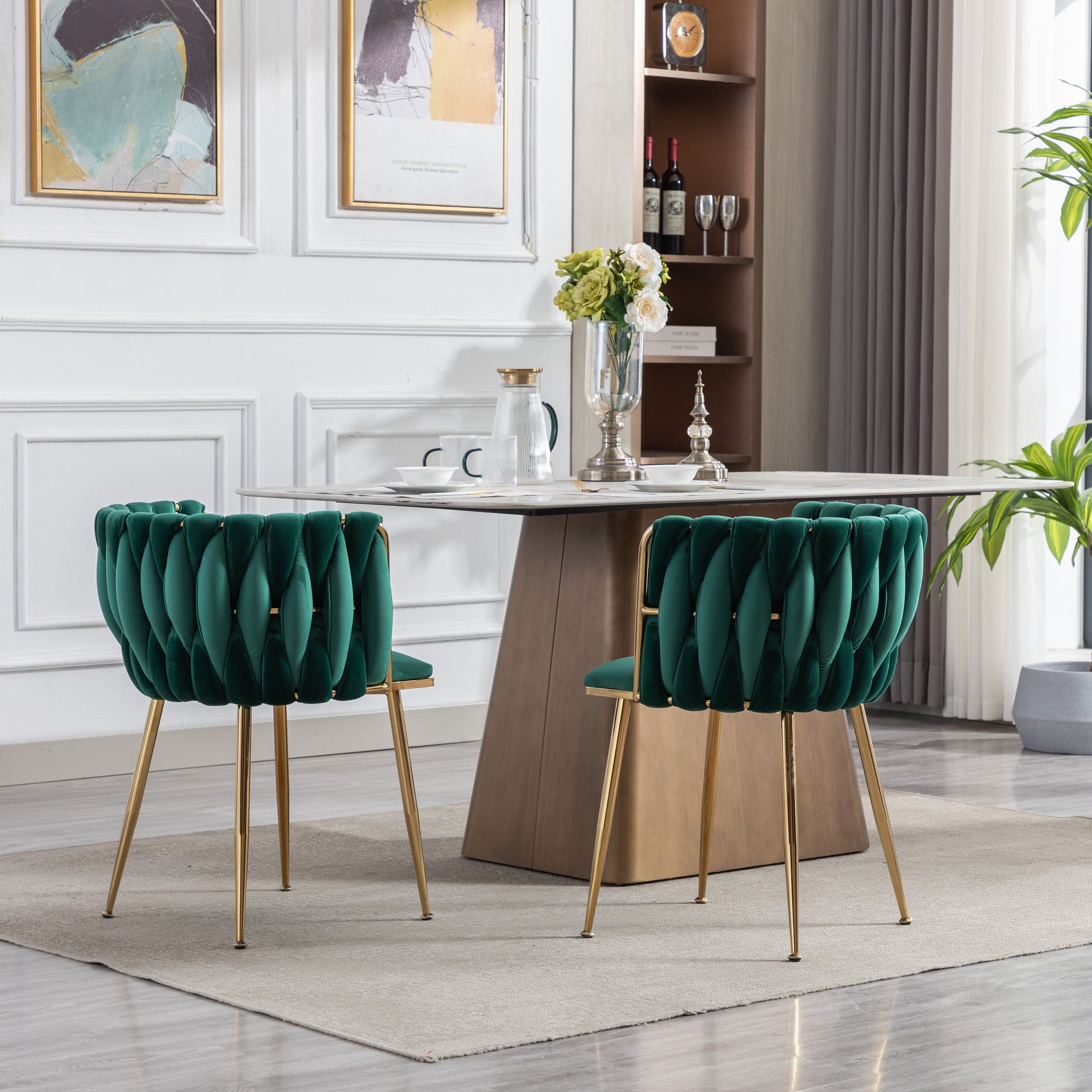 Dining Chair,Thickened fabric chairs with  wood legs Set of 2,Green