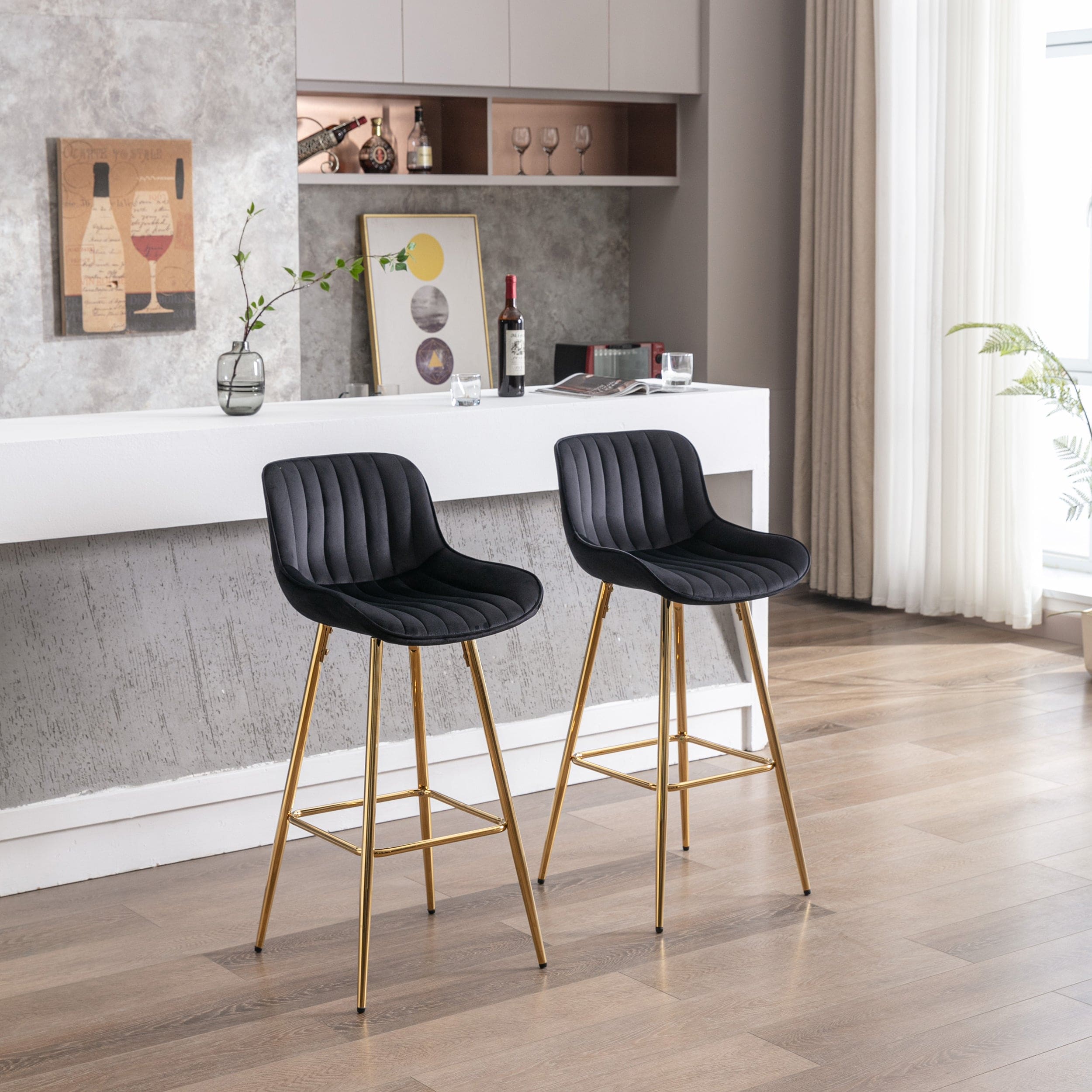 30 inch Set of 2 Bar Stools,with Chrome Footrest Velvet Fabric Counter Stool Golden Leg Simple High Bar Stool,black