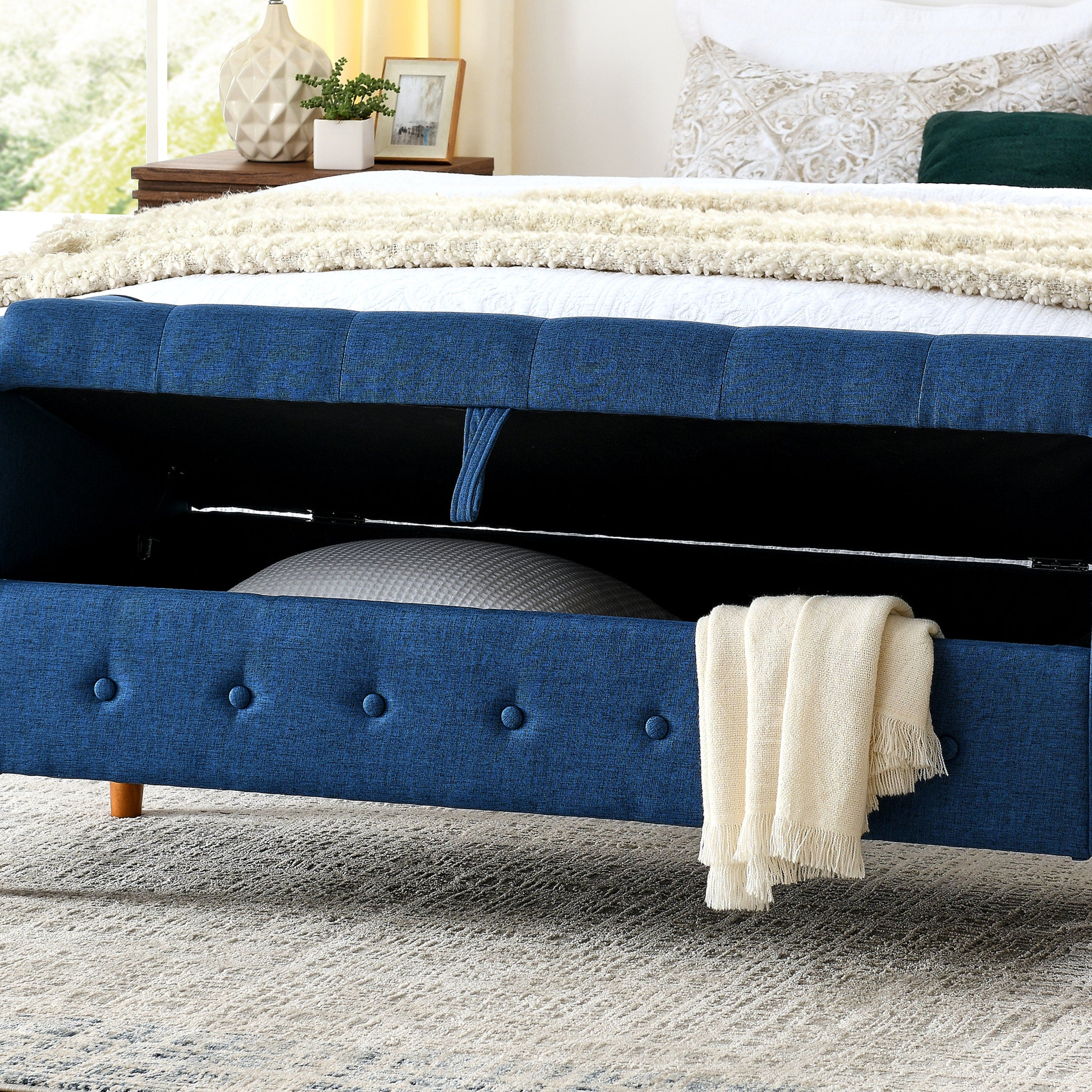 62" Bedroom Tufted Button Storage Bench, Linen Upholstered Ottoman, Window Bench, Rolled Arm Design for Bedroom, Living Room, Foyer (Blue)