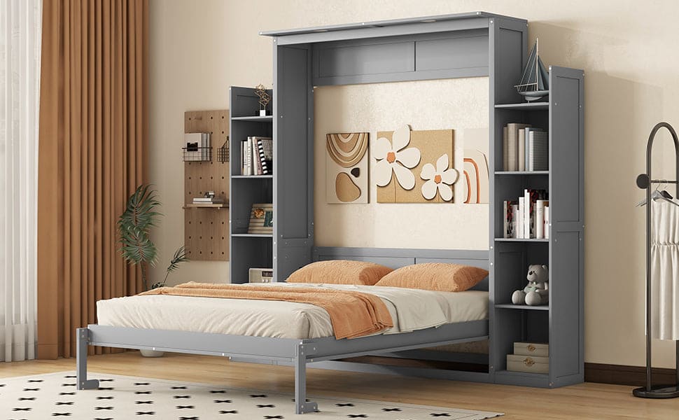 Queen Size Murphy Bed Wall Bed with Shelves and LED Lights,Gray