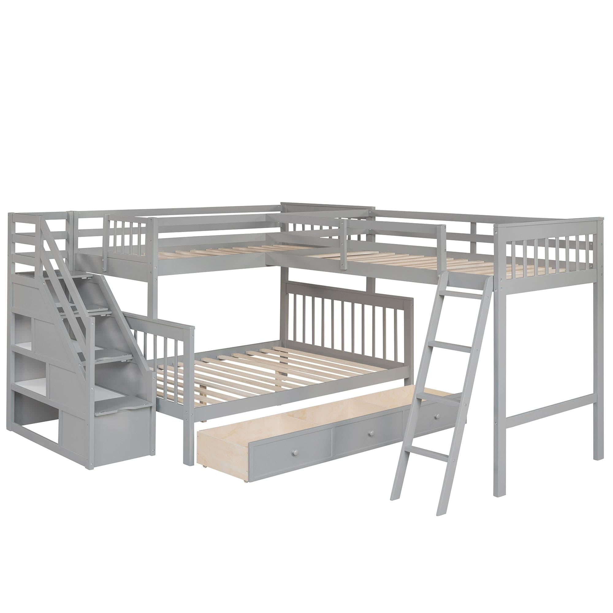 Twin over Full L-Shaped Bunk Bed With 3 Drawers, Ladder and Staircase - Gray