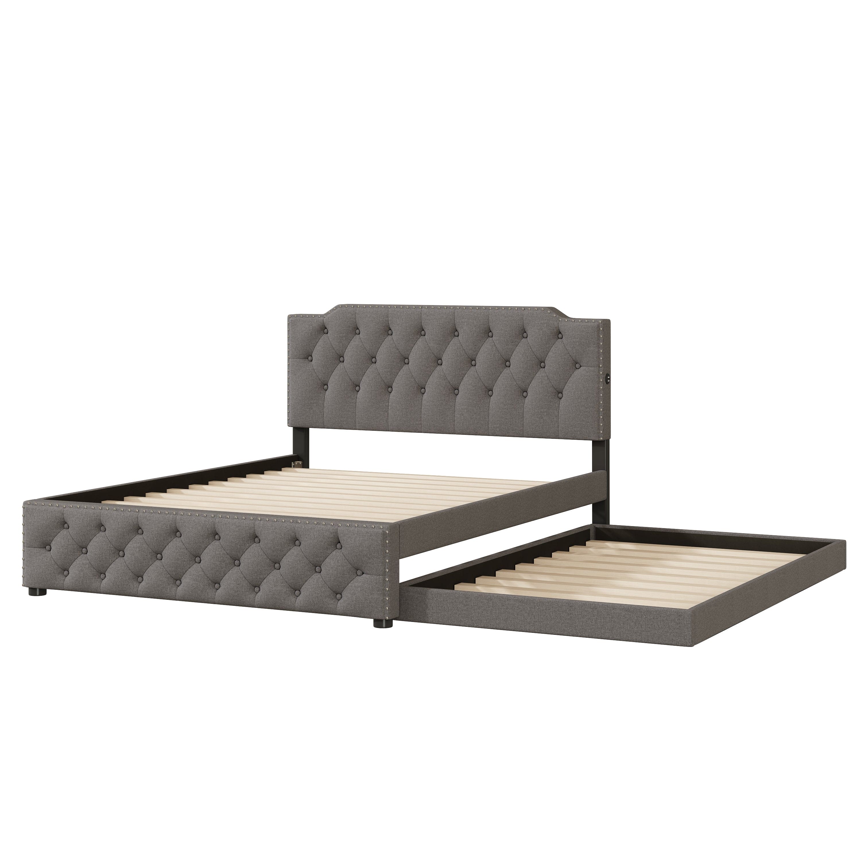 Queen Size Upholstered Platform Bed with Twin Size Trundle and 2 sets of USB Ports on each side, Linen Fabric, Gray