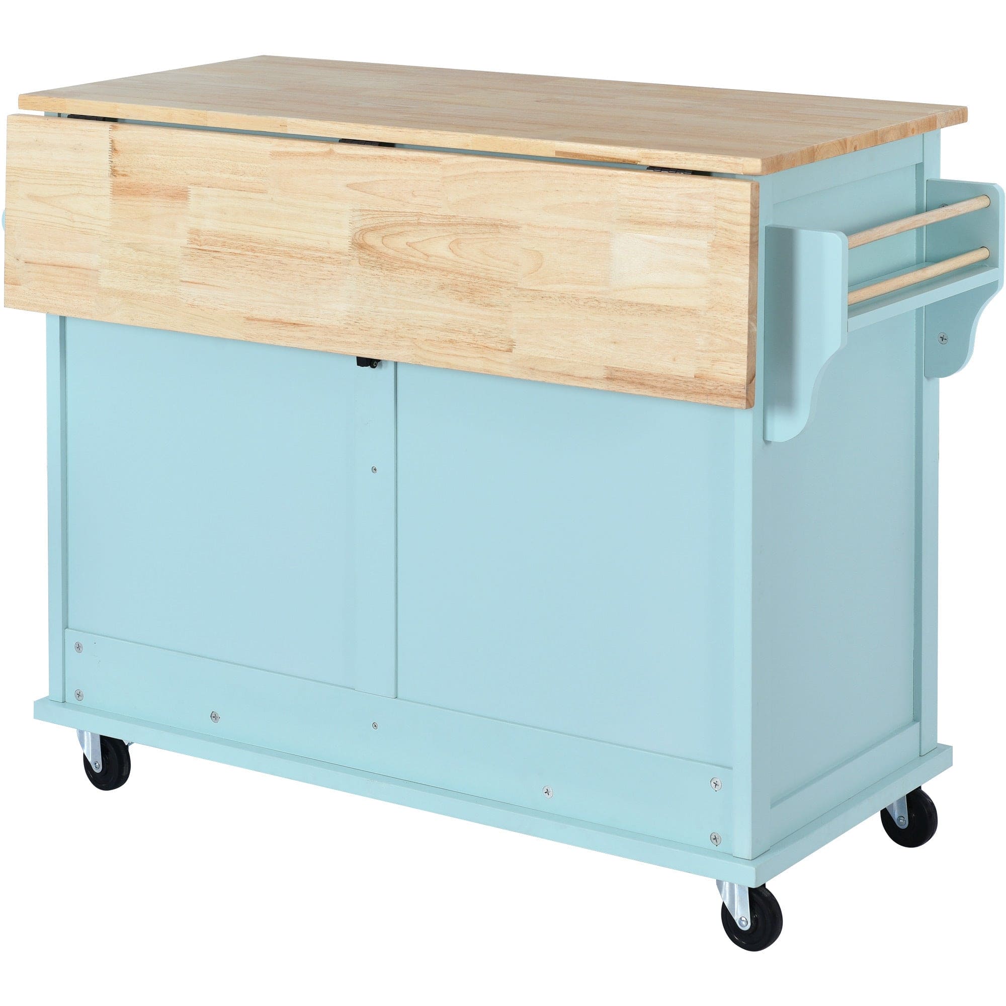 Kitchen Cart with Rubber wood Drop-Leaf Countertop, Concealed sliding barn door adjustable height,Kitchen Island on 4 Wheels with Storage Cabinet and 2 Drawers,L52.2xW30.5xH36.6 inch, Mint Green