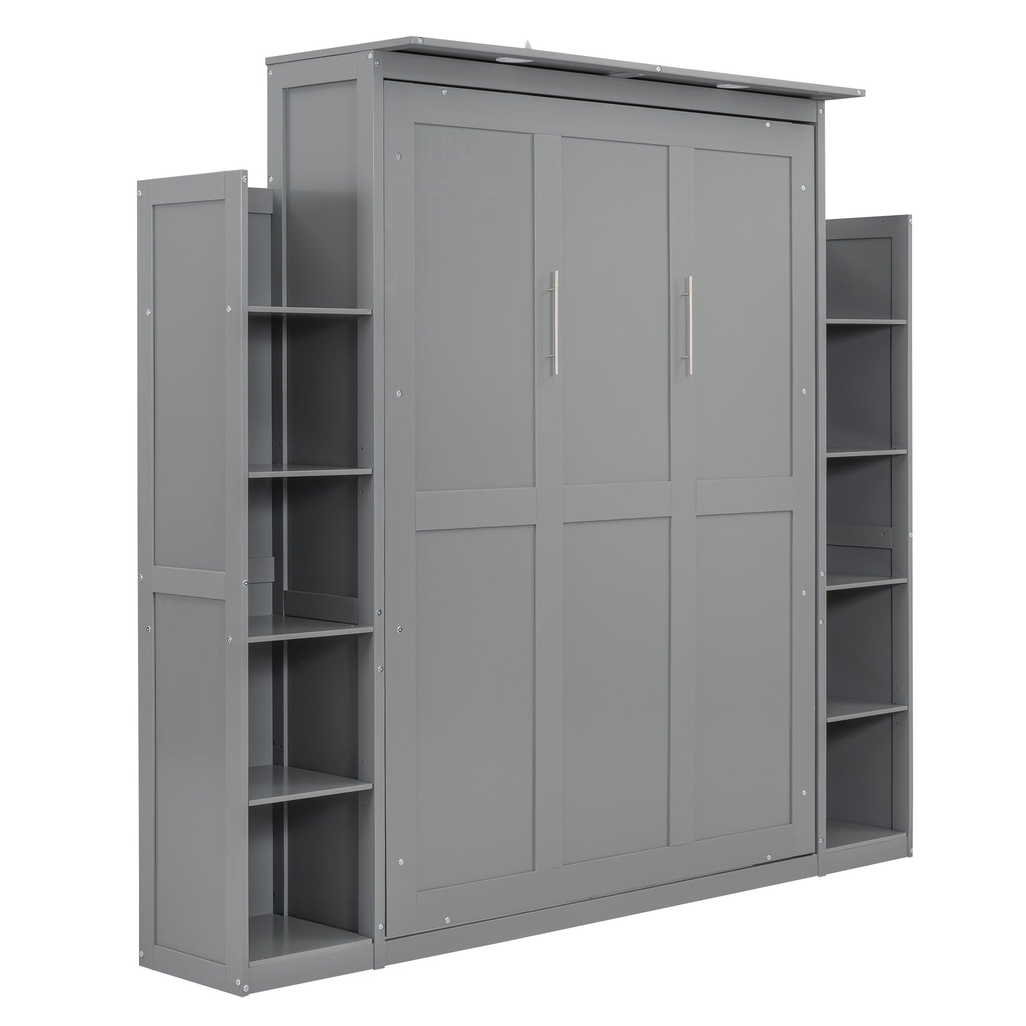 Full Size Murphy Bed Wall Bed with Shelves and LED Lights,Gray