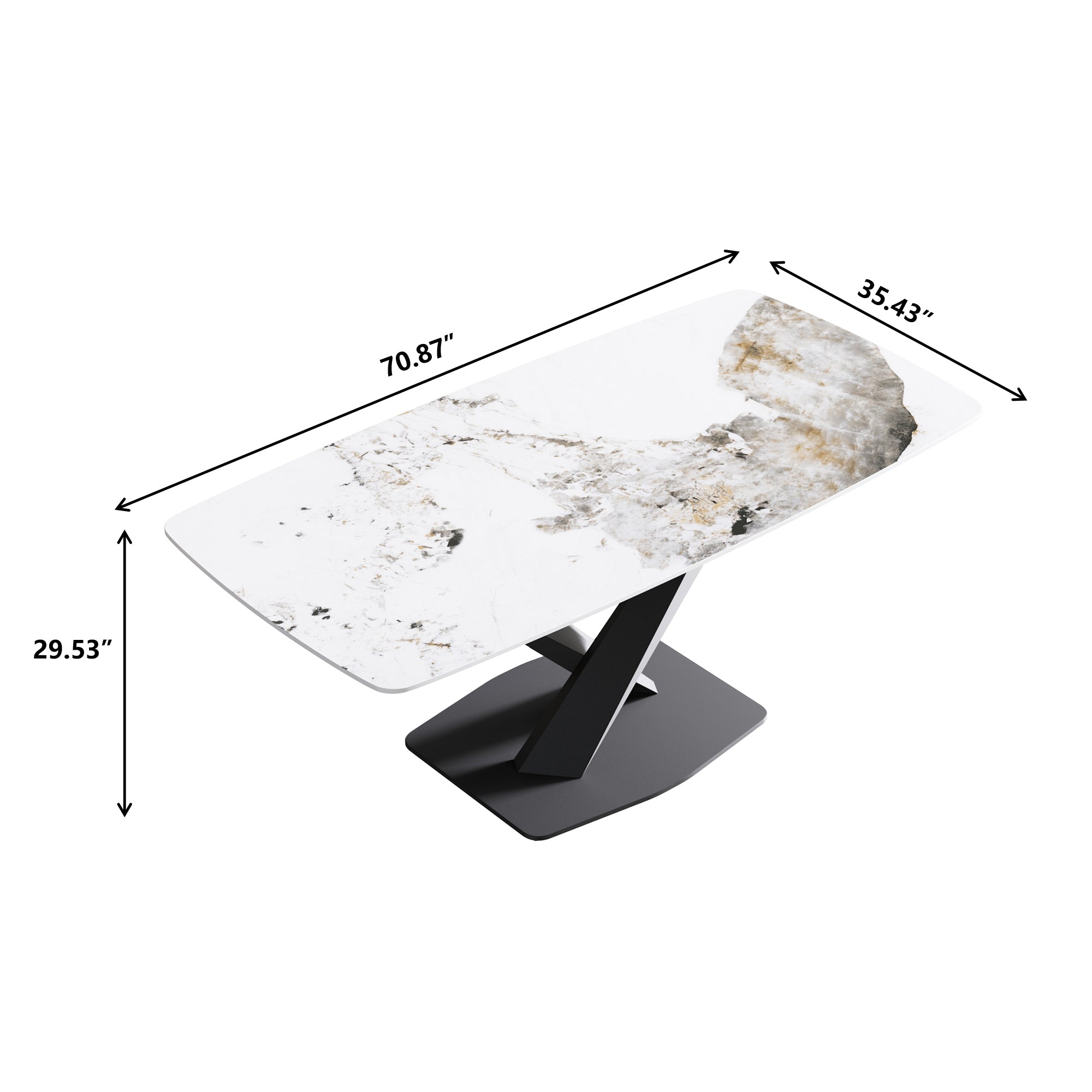 70.87"Modern artificial stone Pandora white curved black metal leg dining table-can accommodate 6-8 people