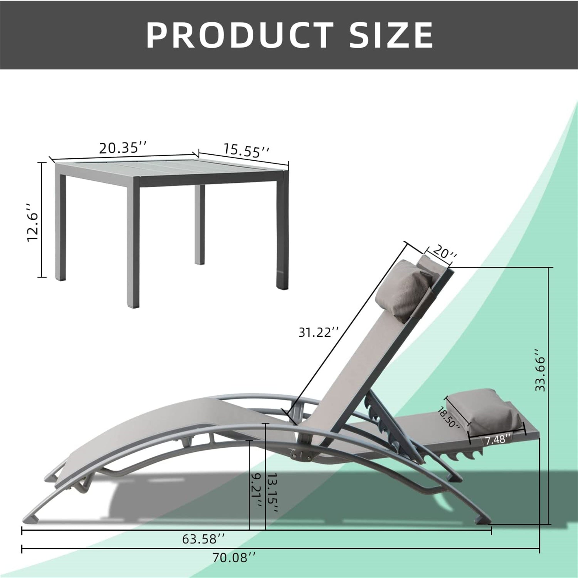 Pool Lounge Chairs Set of 3, Adjustable Aluminum Outdoor Chaise Lounge Chairs with Metal Side Table, All Weather for Deck Lawn Poolside Backyard (Grey,2 Lounge Chairs+1 Table)