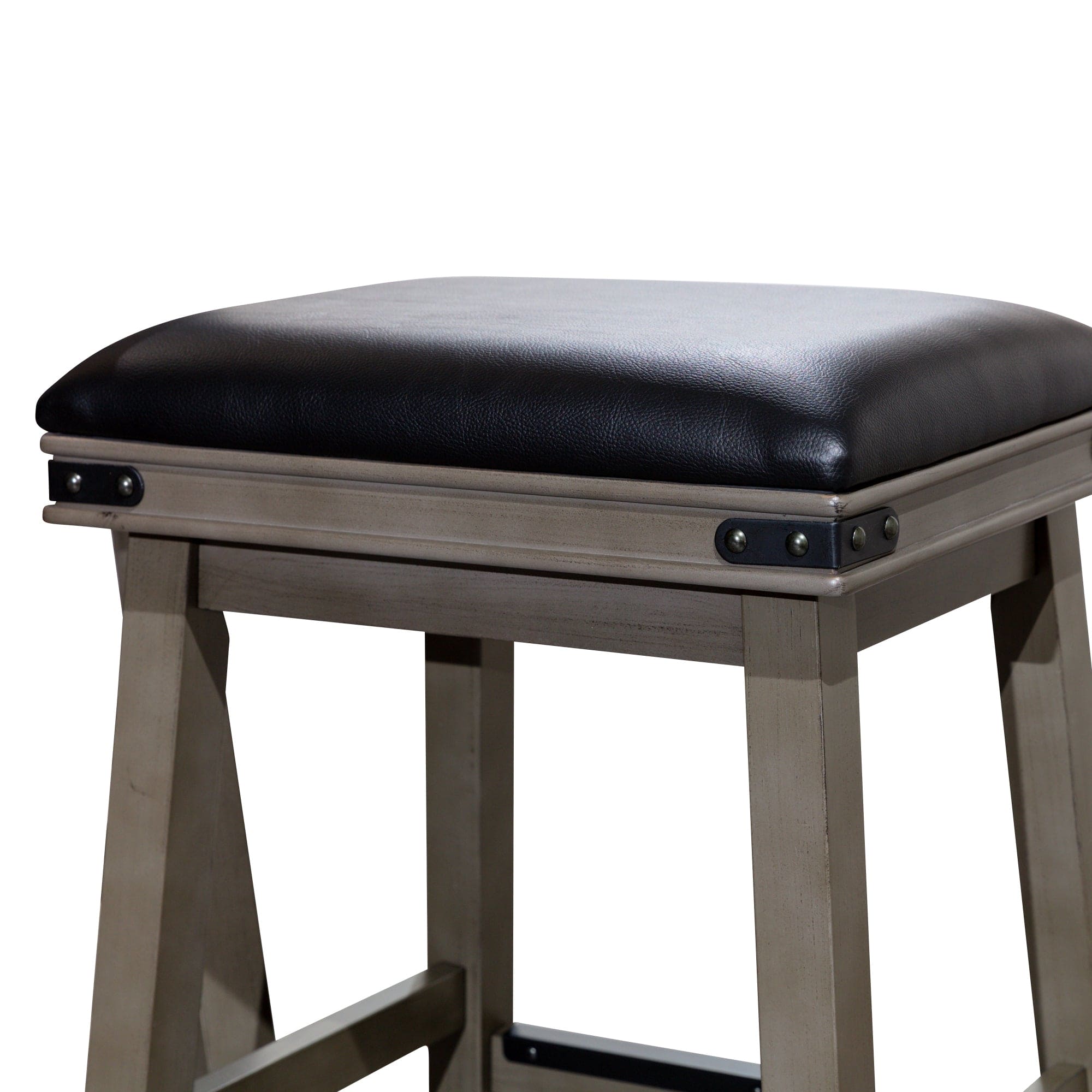 24" Counter Stool, Weathered Gray Finish, Black Leather Seat