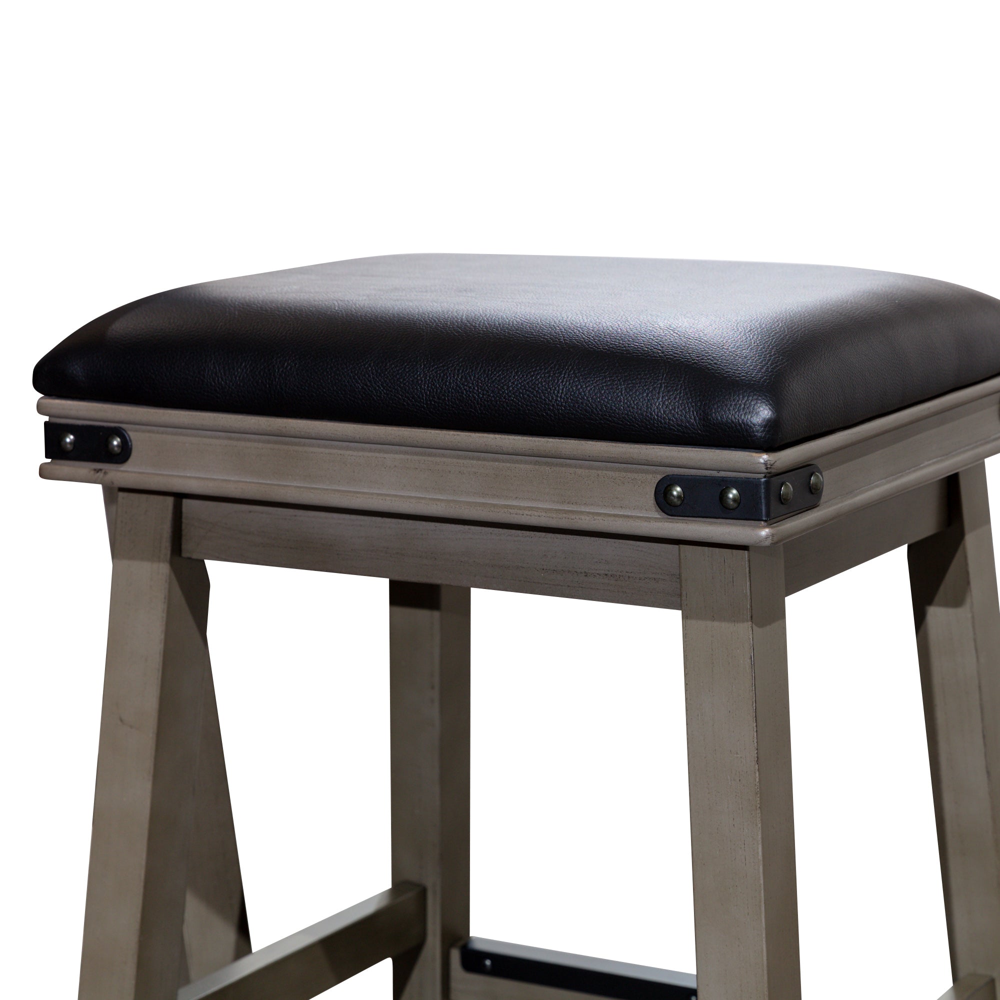 30" Bar Stool, Weathered Gray Finish, Black Leather Seat