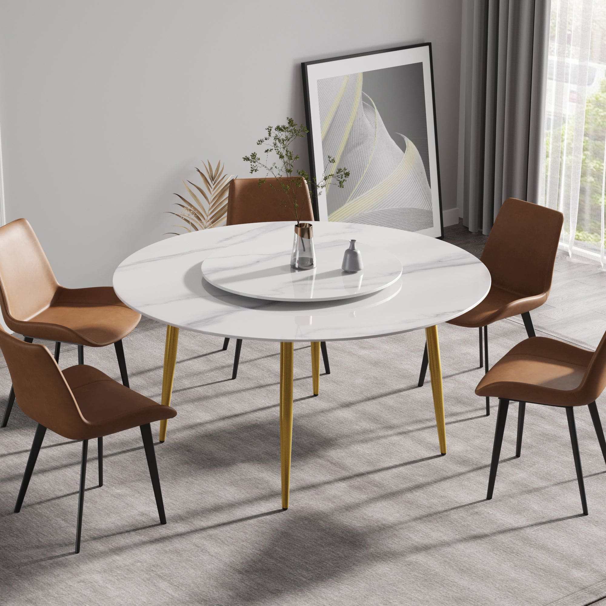 59.05"Modern artificial stone round golden metal dining table-can accommodate 6 people-31.5"white artificial stone turntable