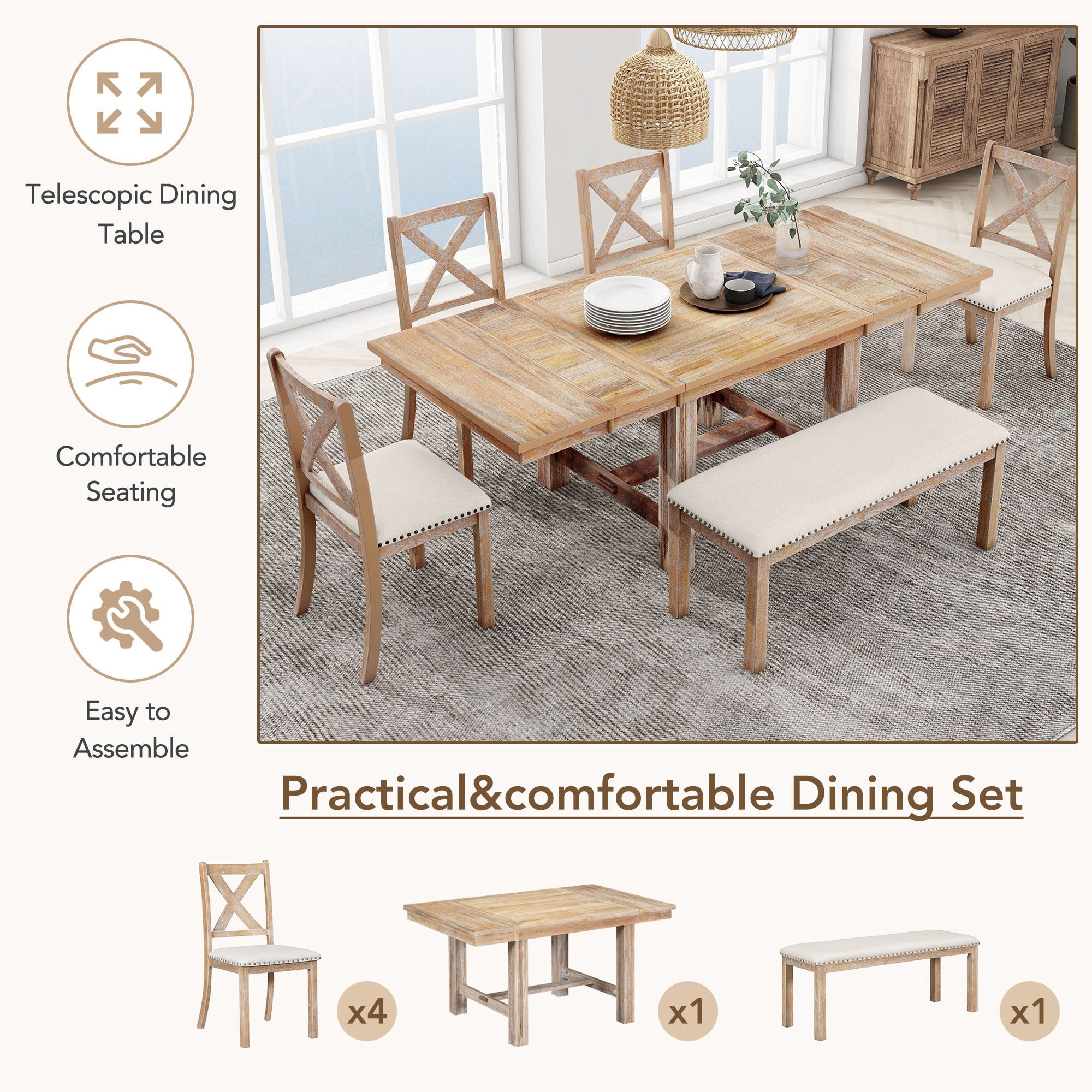 TOPMAX Farmhouse 82inch 6-Piece Extendable Dining Table with Footrest, 4 Upholstered Dining Chairs and Dining Bench, Two 11"Removable Leaf, Natural+Beige Cushion