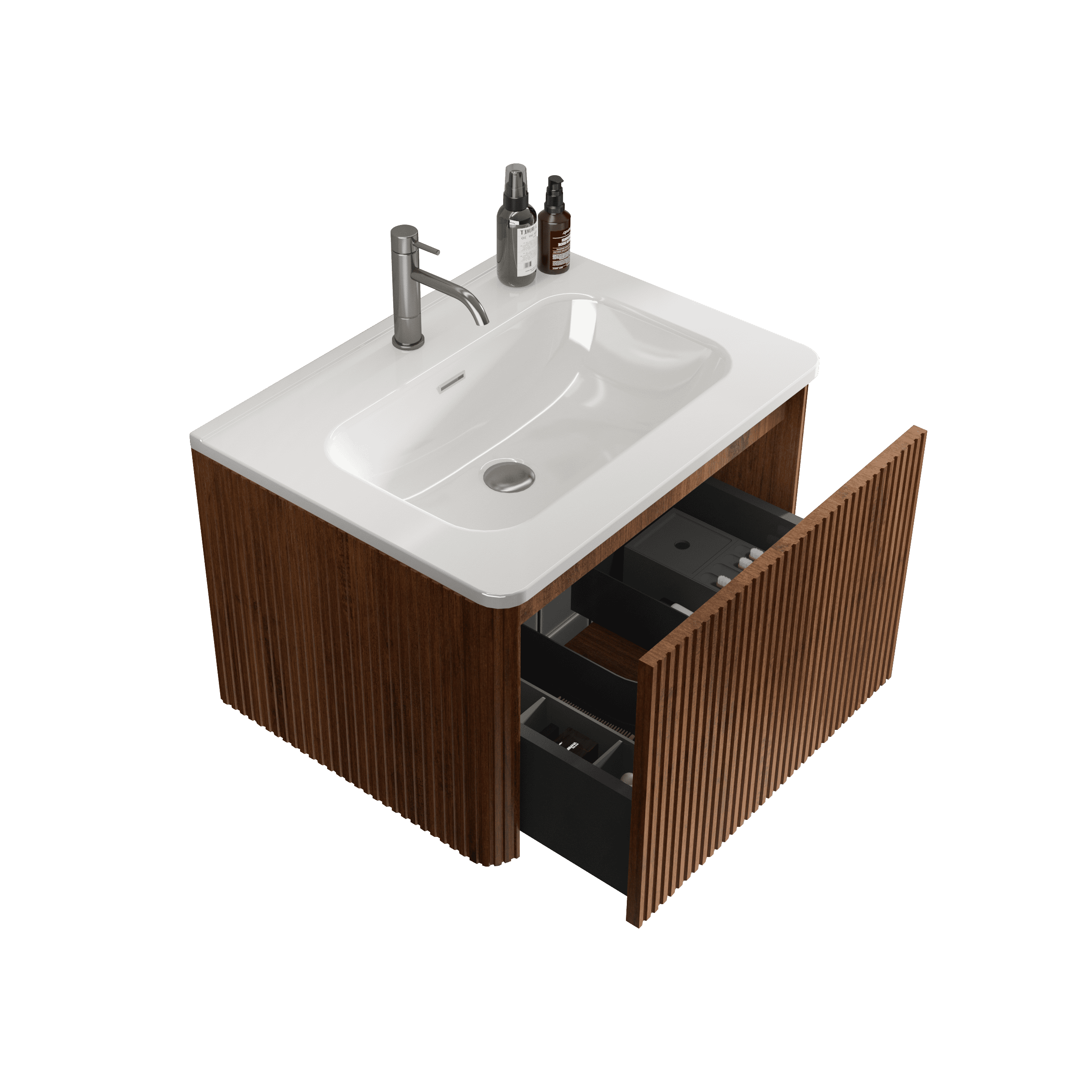 U046-Etna24W-305 Etna 24" Striped Walnut Bathroom Vanity with White Ceramic Sink, Wall Mounted Floating Bathroom Vanity for Modern Bathroom, One-Piece White Sink Basin without Drain and Faucet