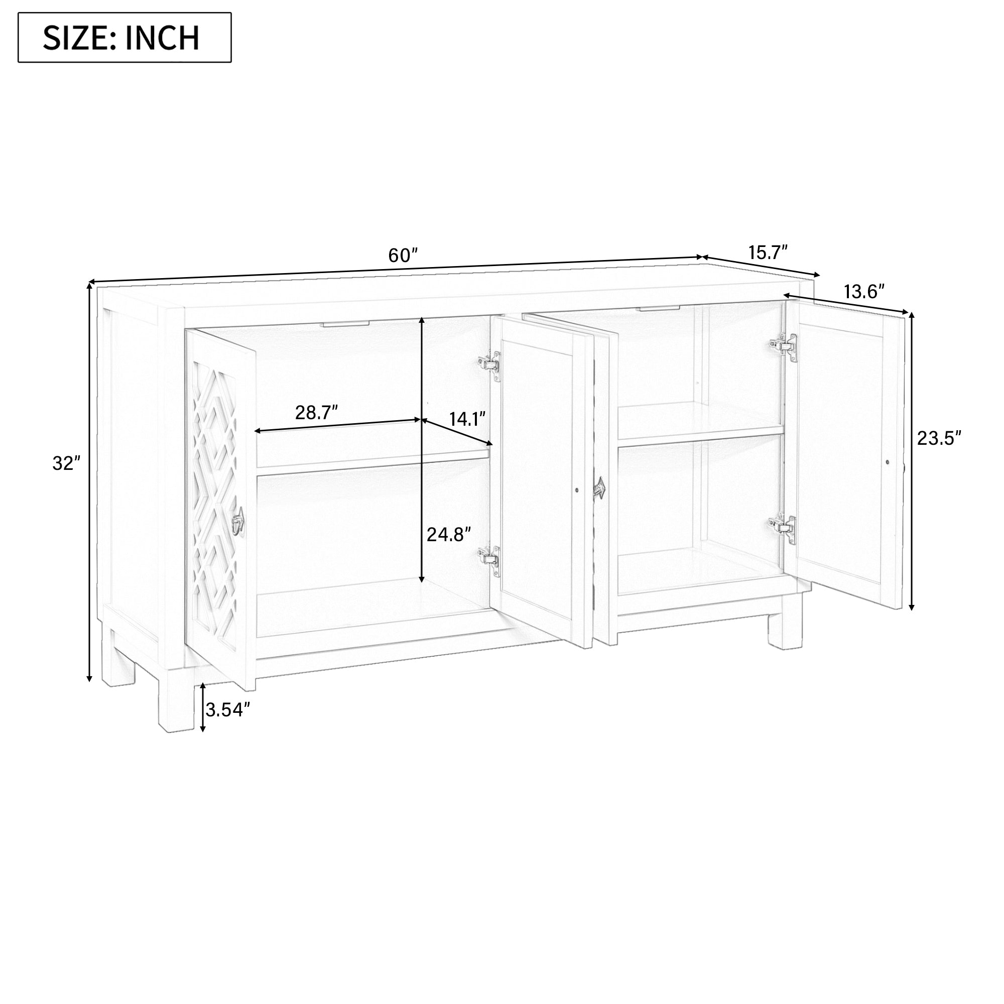 TREXM Large Storage Space Sideboard, 4 Door Buffet Cabinet with Pull Ring Handles for Living Room, Dining Room (White)