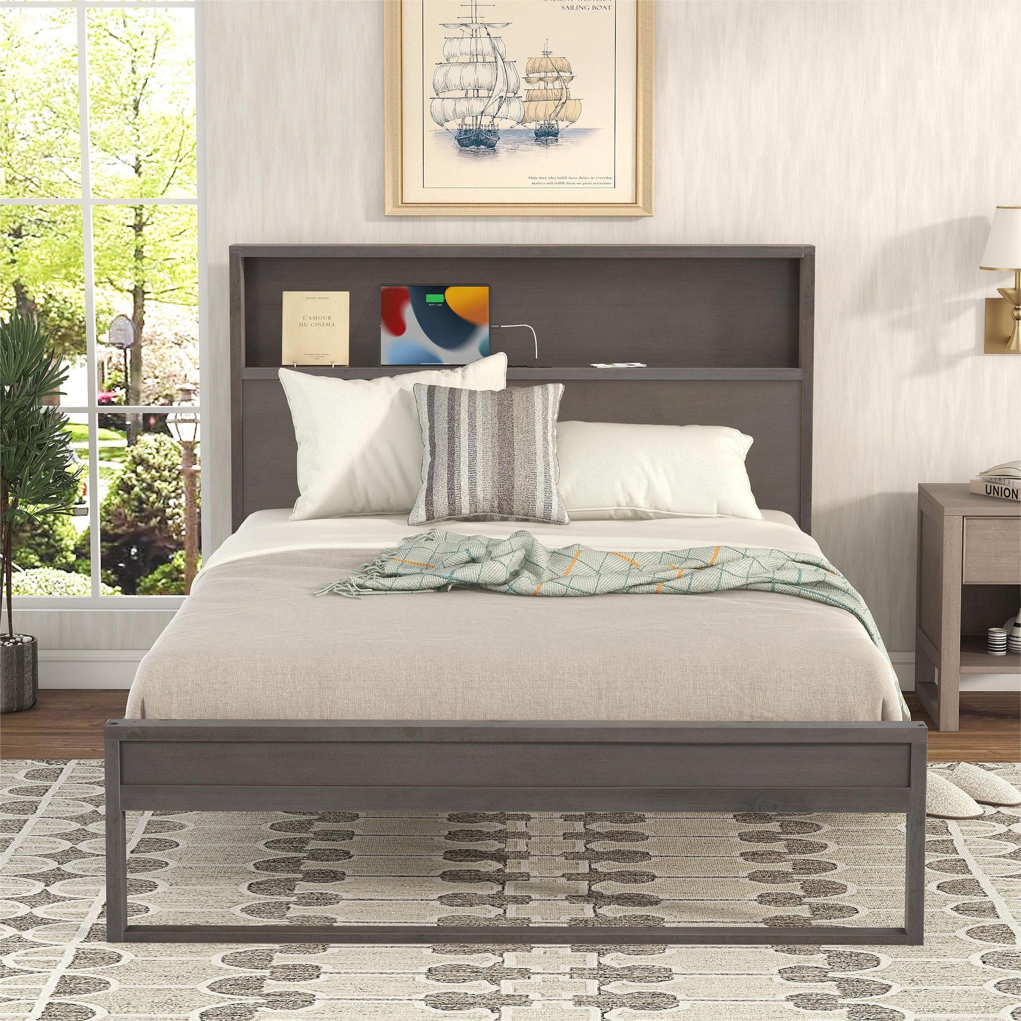 Platform Bed with Storage Headboard,Sockets and USB Ports,Full Size Platform Bed,Antique Gray