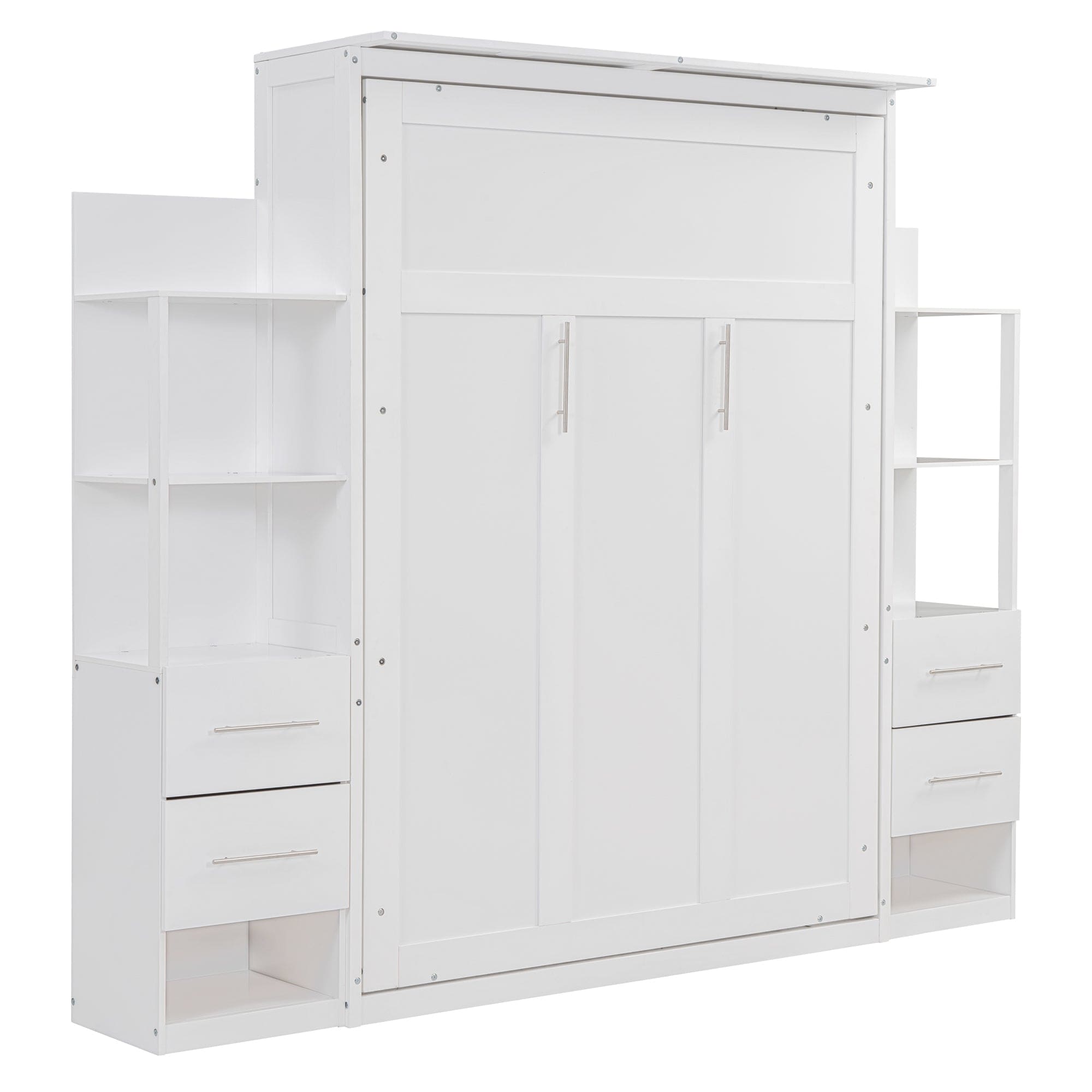 Full Size Murphy Bed Wall Bed with Shelves, Drawers and LED Lights,White