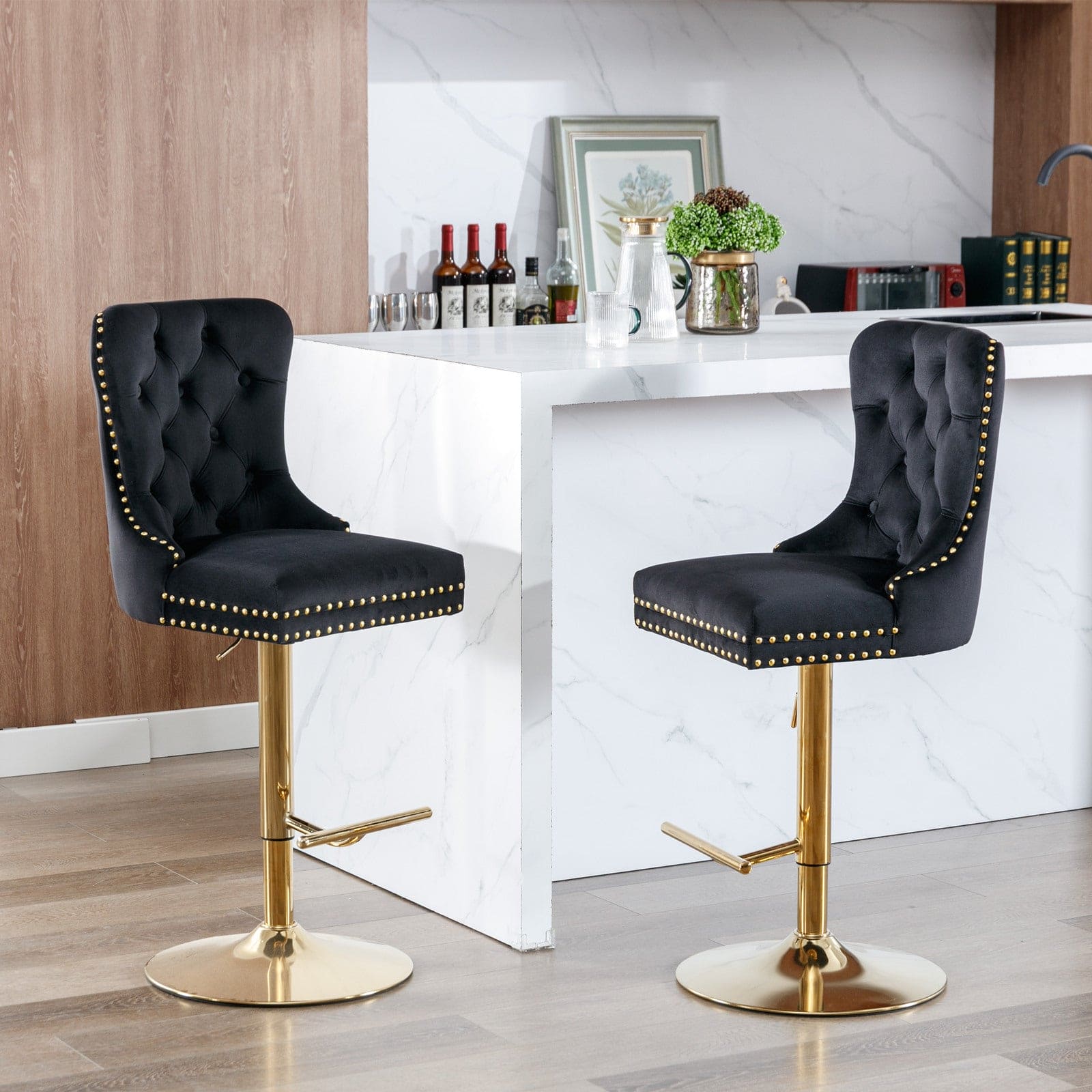 A&A Furniture,Thick Golden Swivel Velvet Barstools Adjusatble Seat Height from 27-35 Inch, Modern Upholstered Bar Stools with Backs Comfortable Tufted for Home Pub and Kitchen Island (Black,Set of 2)