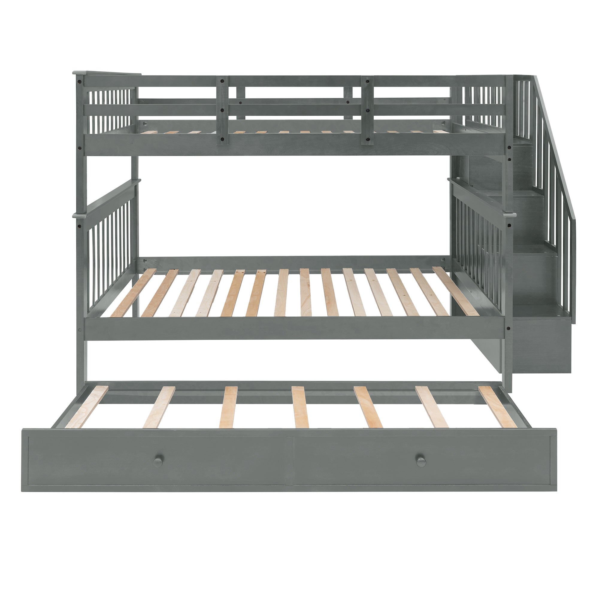 Stairway Full-Over-Full Bunk Bed with Twin size Trundle, Storage and Guard Rail for Bedroom, Dorm - Gray(OLD SKU :LP001210AAE)