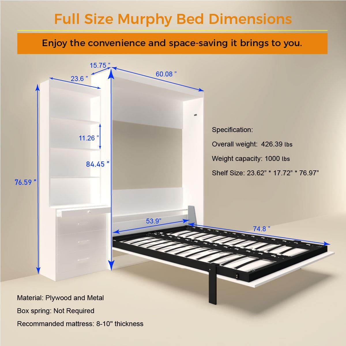 Morden Deisgn Full Size Vertical Murphy Bed with Shelf and Drawers for Bedroom or Guestroom White Wall Bed Space Saving Hidden Bed with New Style Gas Struts