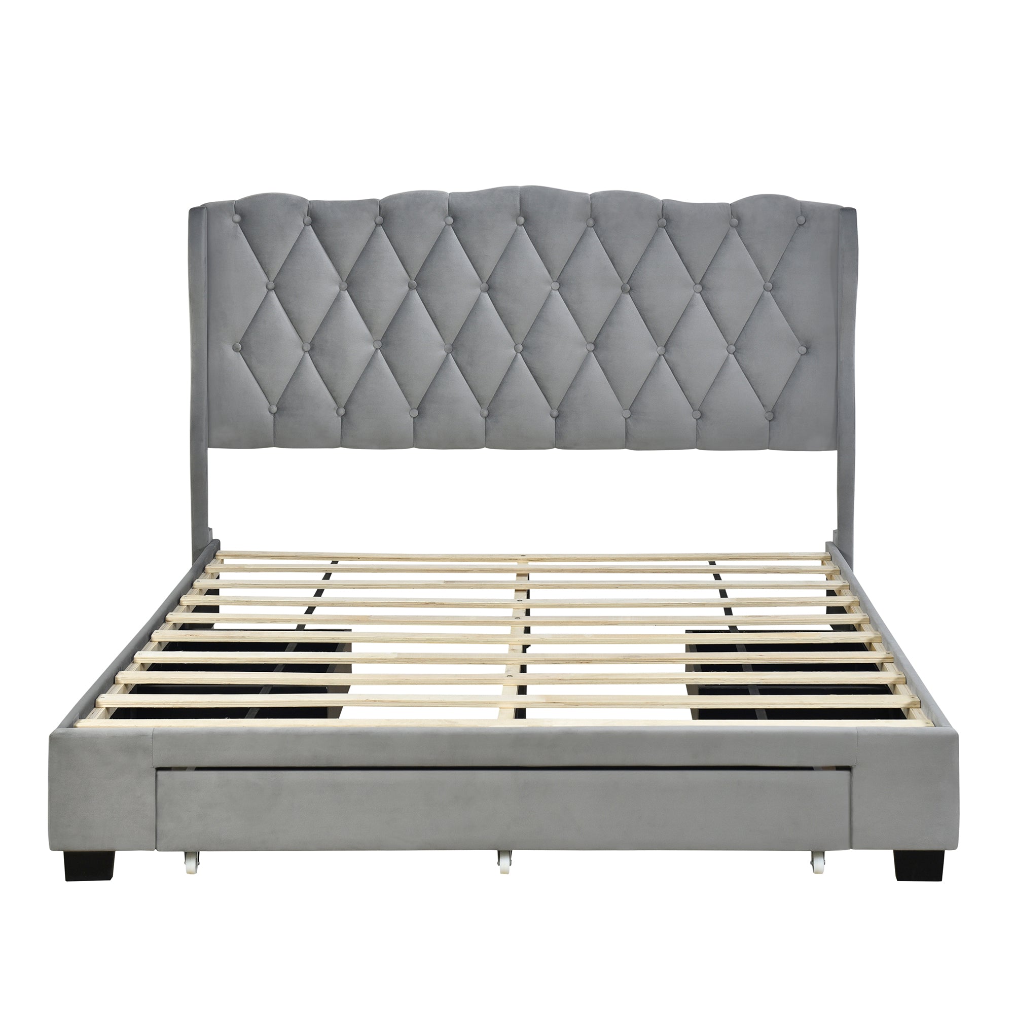 Upholstered Platform Bed with Tufted Headboard and 3 Drawers, No Box Spring Needed, Velvet Fabric, Queen Size Gray