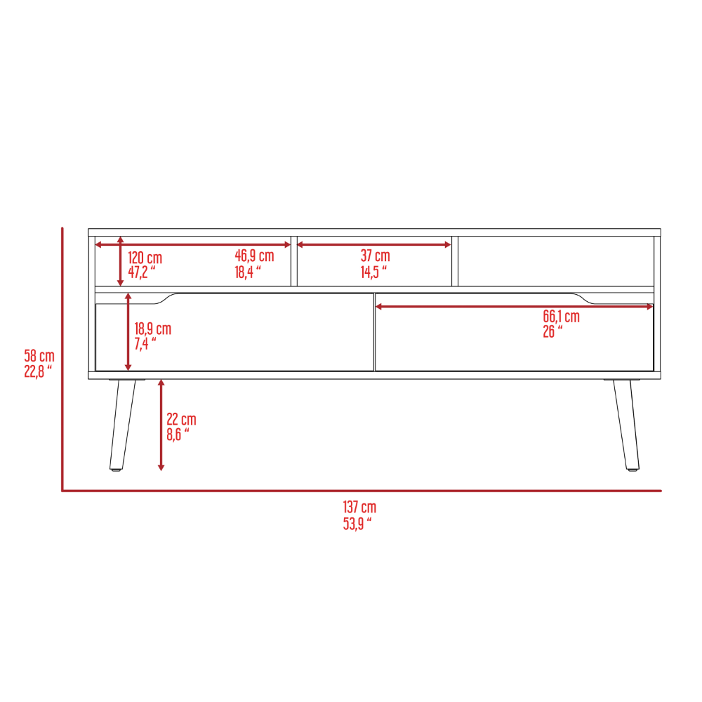 DEPOT E-SHOP Kobe Tv Stand for TV´s up 52", Three Open Shelves, Two Flexible Drawers, Dark Walnut