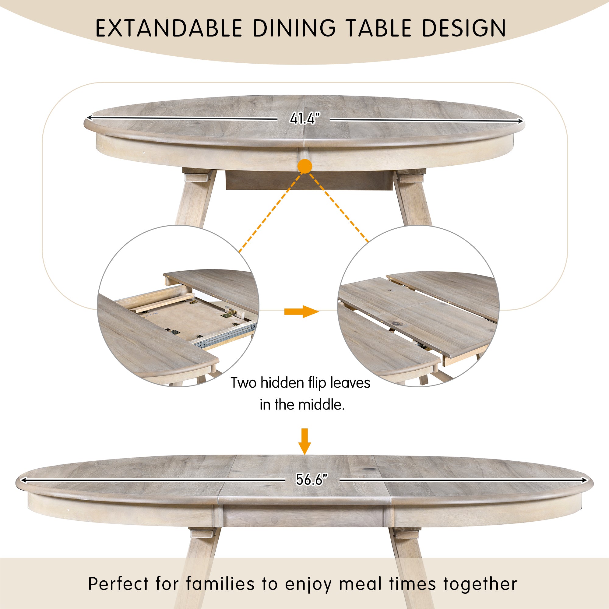 TREXM 5-Piece Wood Dining Table Set Round Extendable Dining Table with 4 Dining Chairs, Dining Room Table Set for 4 person for Dining Room (Natural Wood Wash)