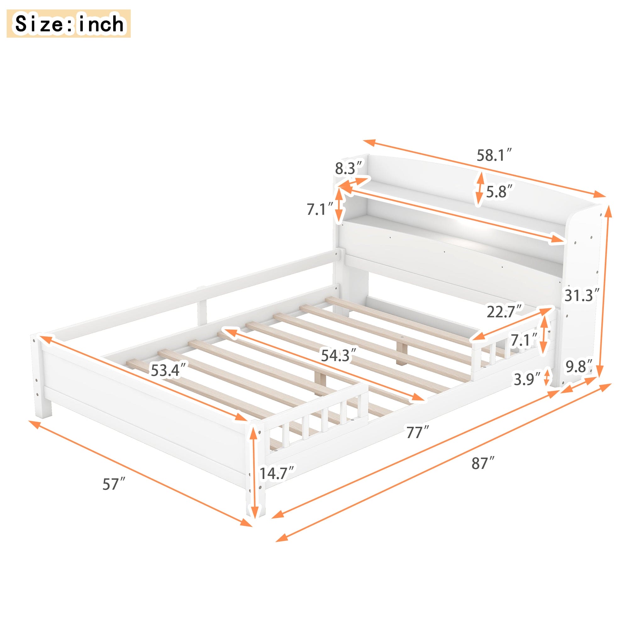 Wood Full Size Platform Bed with Built-in LED Light, Storage Headboard and Guardrail, White