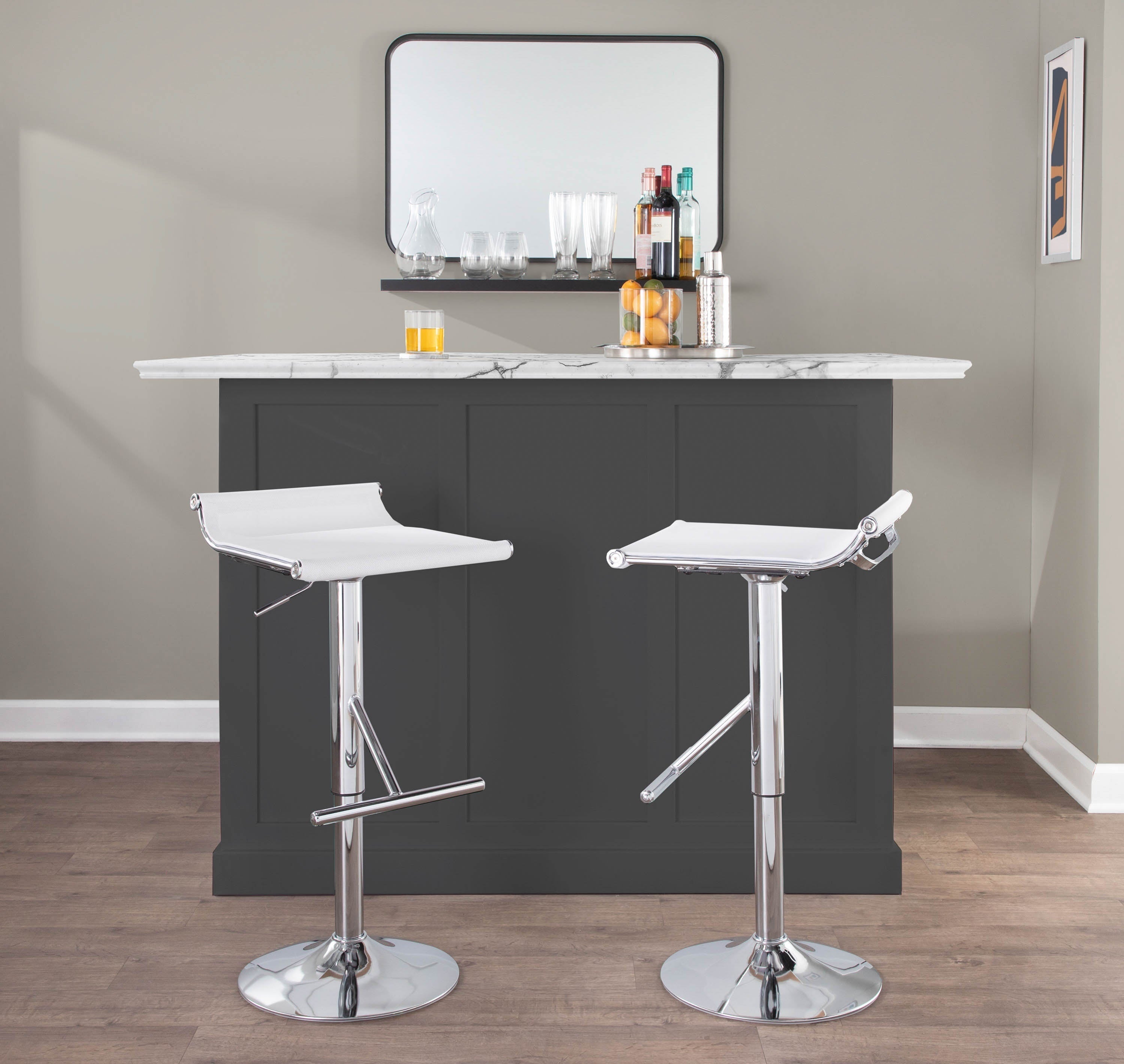 Mirage Ale Contemporary Adjustable Bar Stool in Chrome and White Mesh by LumiSource