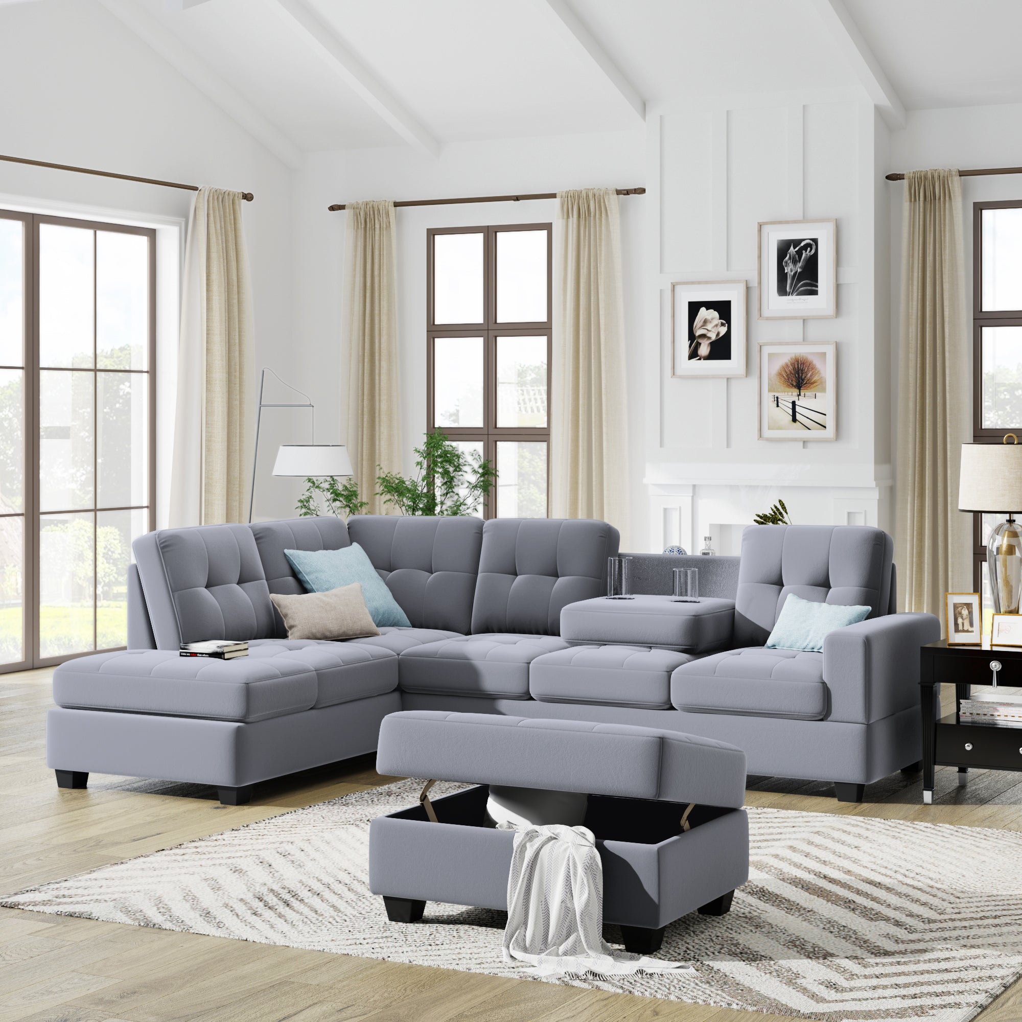 Orisfur. Sectional Sofa with Reversible Chaise Lounge, L-Shaped Couch with Storage Ottoman and Cup Holders