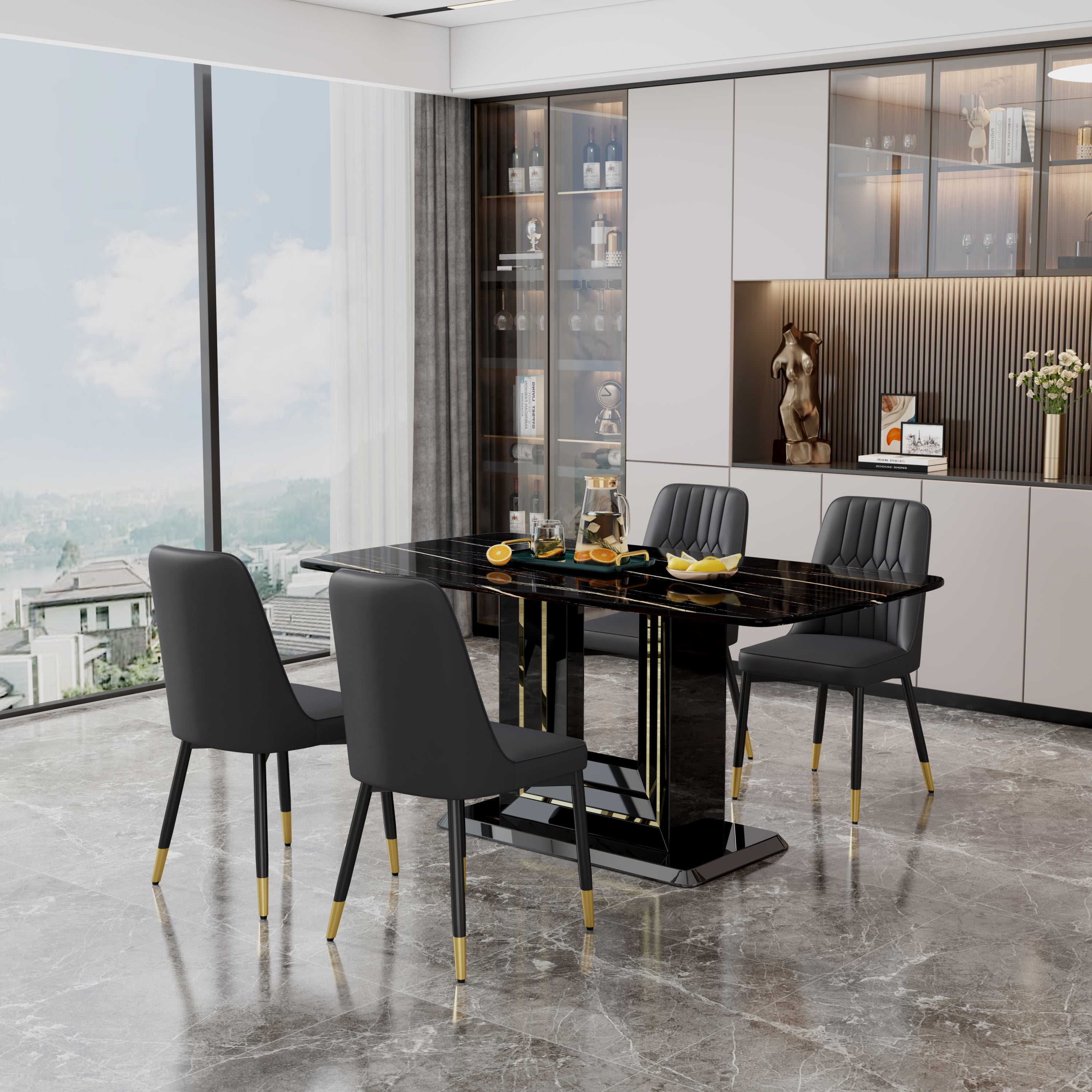 1 table and 4 black chairs. The table features a black imitation marble pattern desktop and black gold MDF legs. Pair with 4 black PU chairs. F-SQ C-007