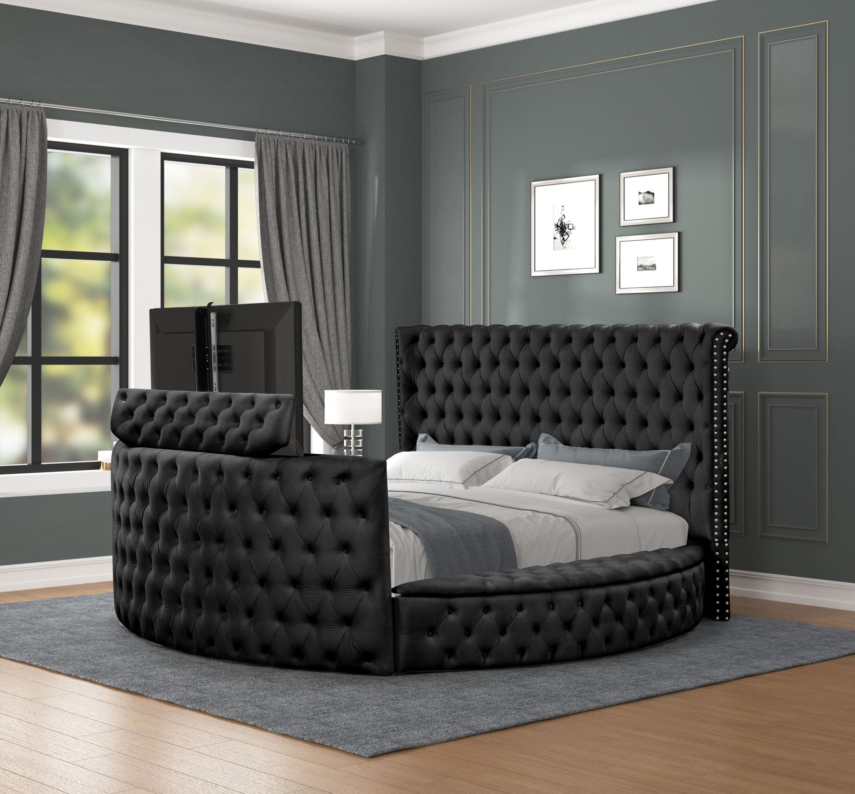 Maya Modern Style Crystal Tufted King Bed  Made with wood in Black