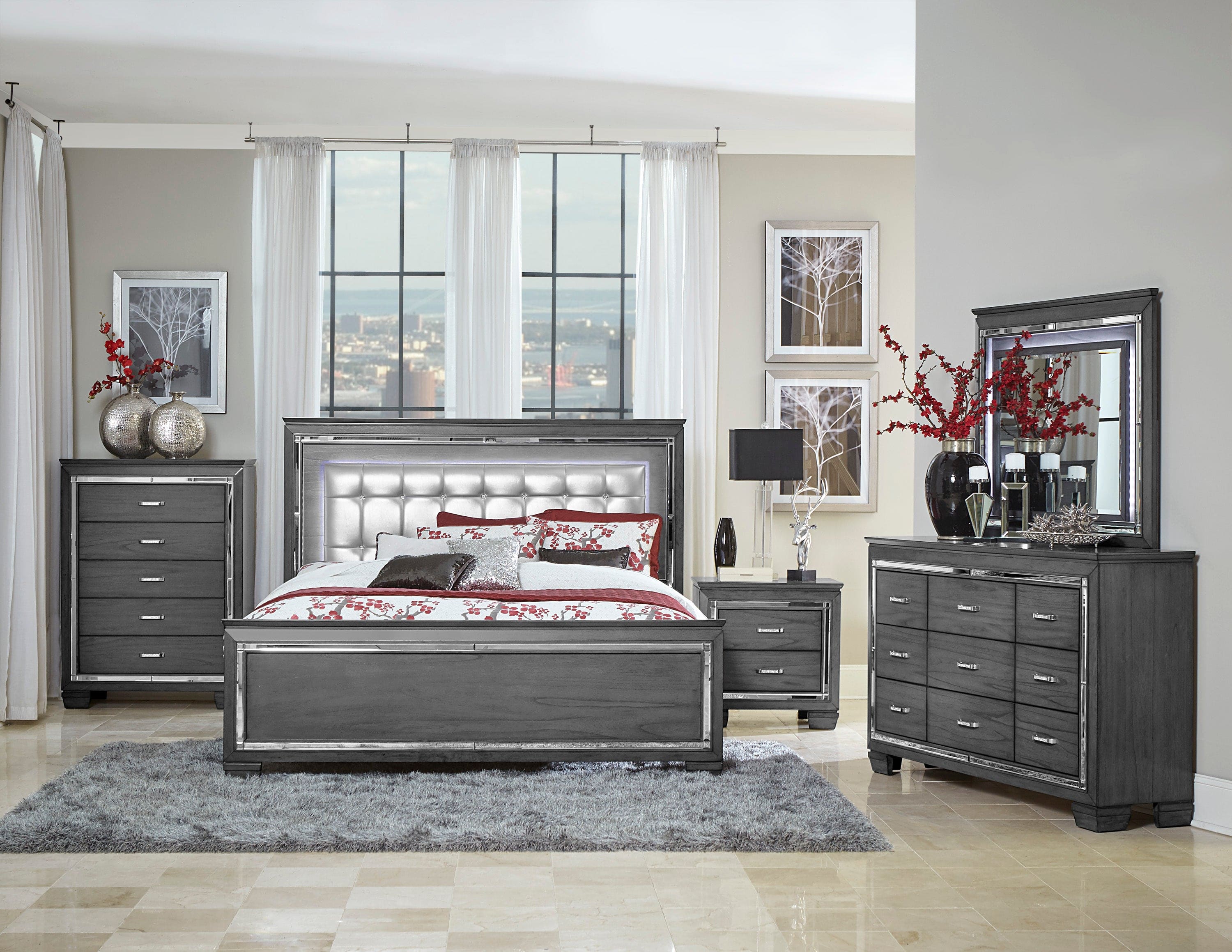 Glamourous Style 1pc Queen Bed Button-Tufted Upholstered LED Headboard Gray Finish Modern Beautiful Bedroom Furniture