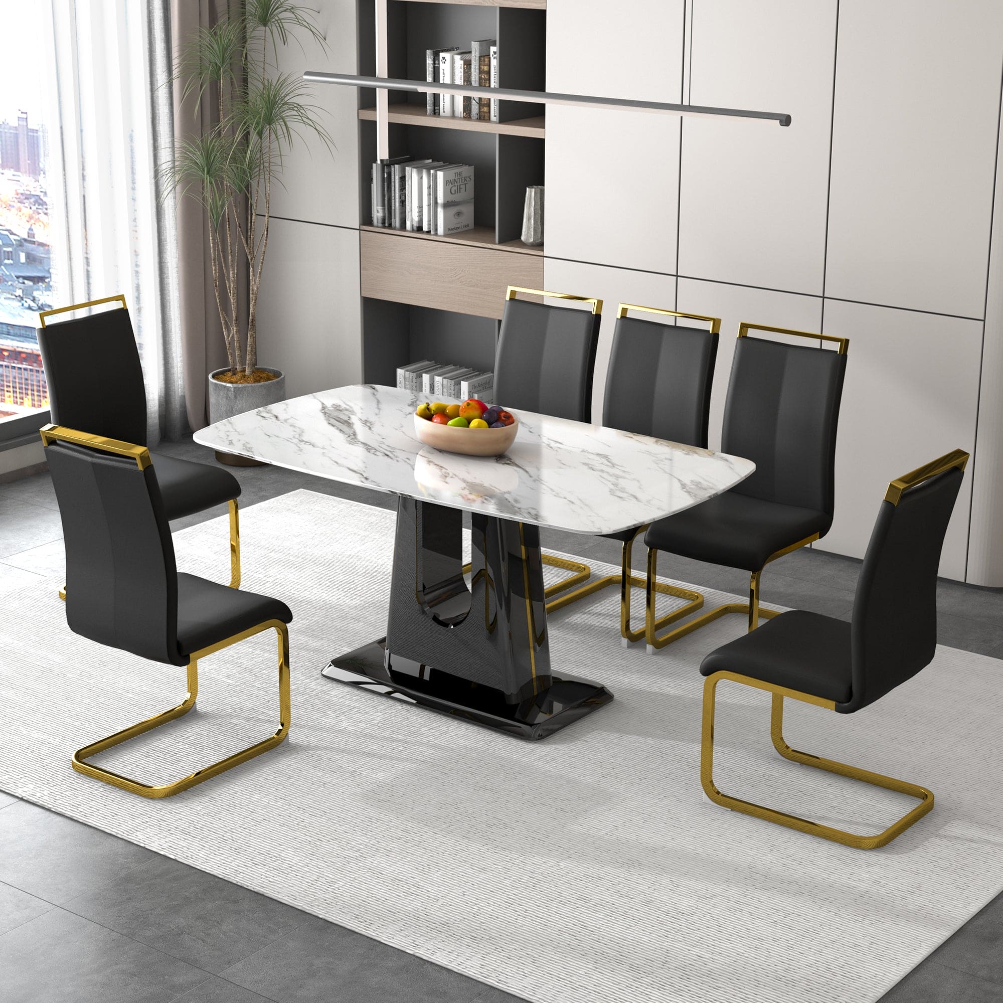 1 table and 6 chairs. Modern, simple and luxurious white imitation marble rectangular dining table and desk with 6 black PU gold plated leg chairs 63'' x 35.4'' X 30''