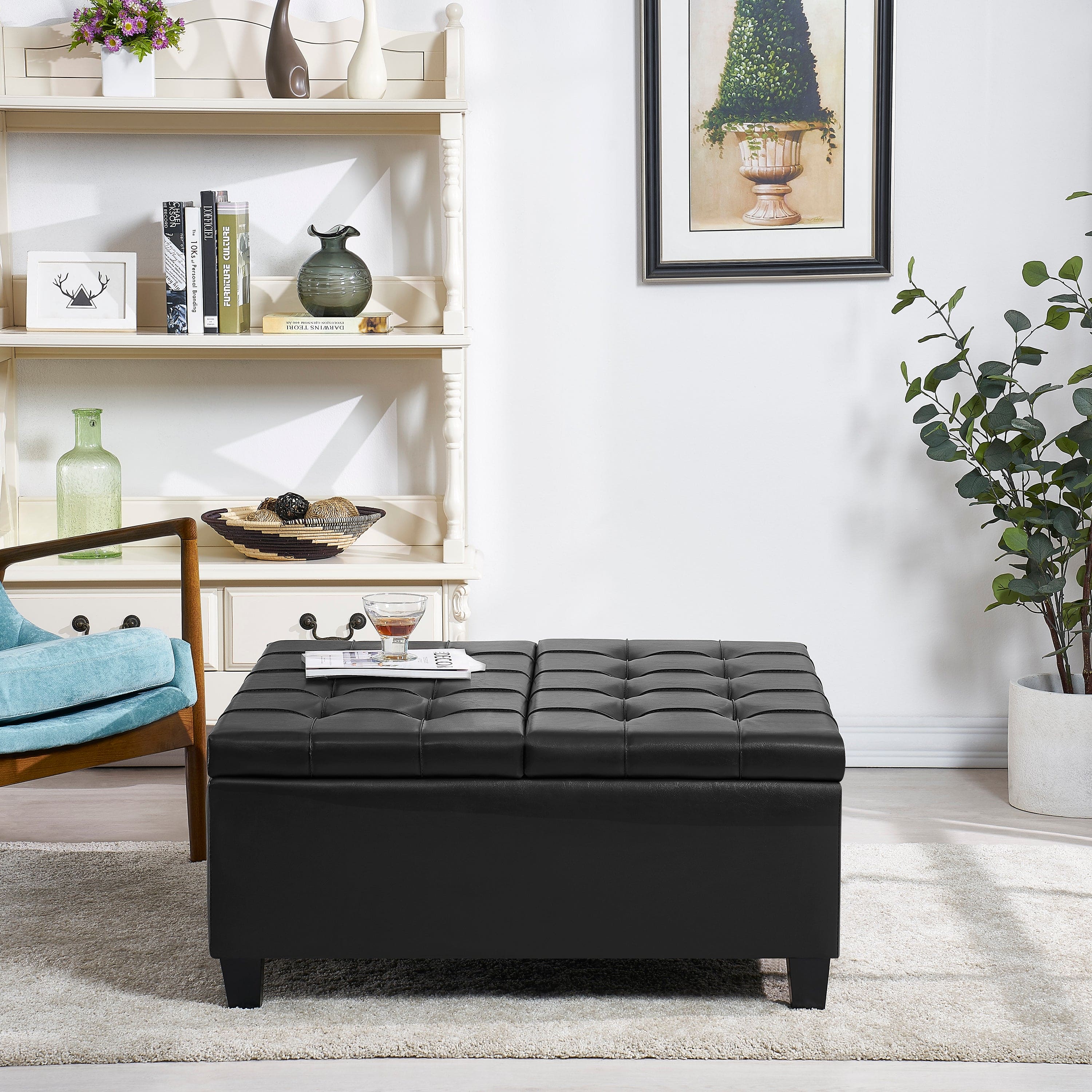 Large Square Faux Leather Storage Ottoman | Coffee table for Living Room & Bedroom (Black)