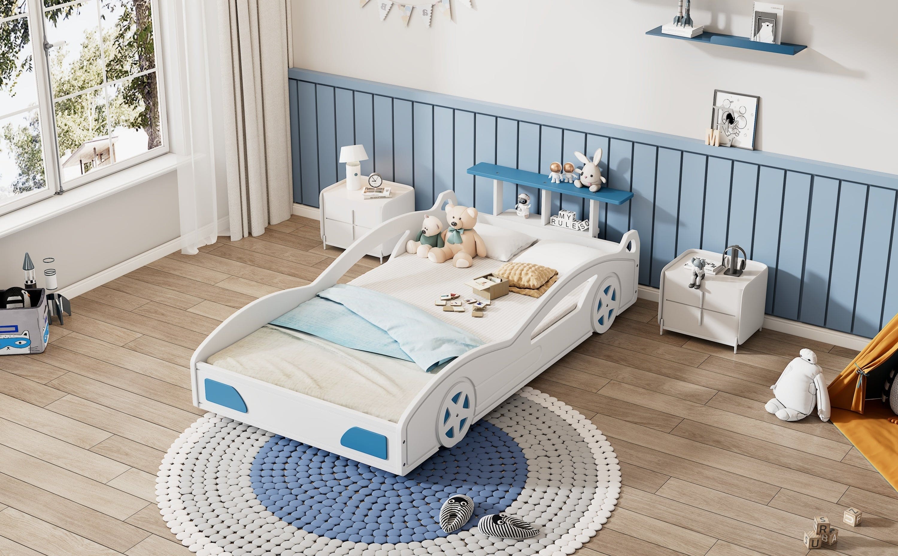 Wooden Race Car Bed,Car-Shaped Platform Twin Bed with Wheels For Teens,White & Blue