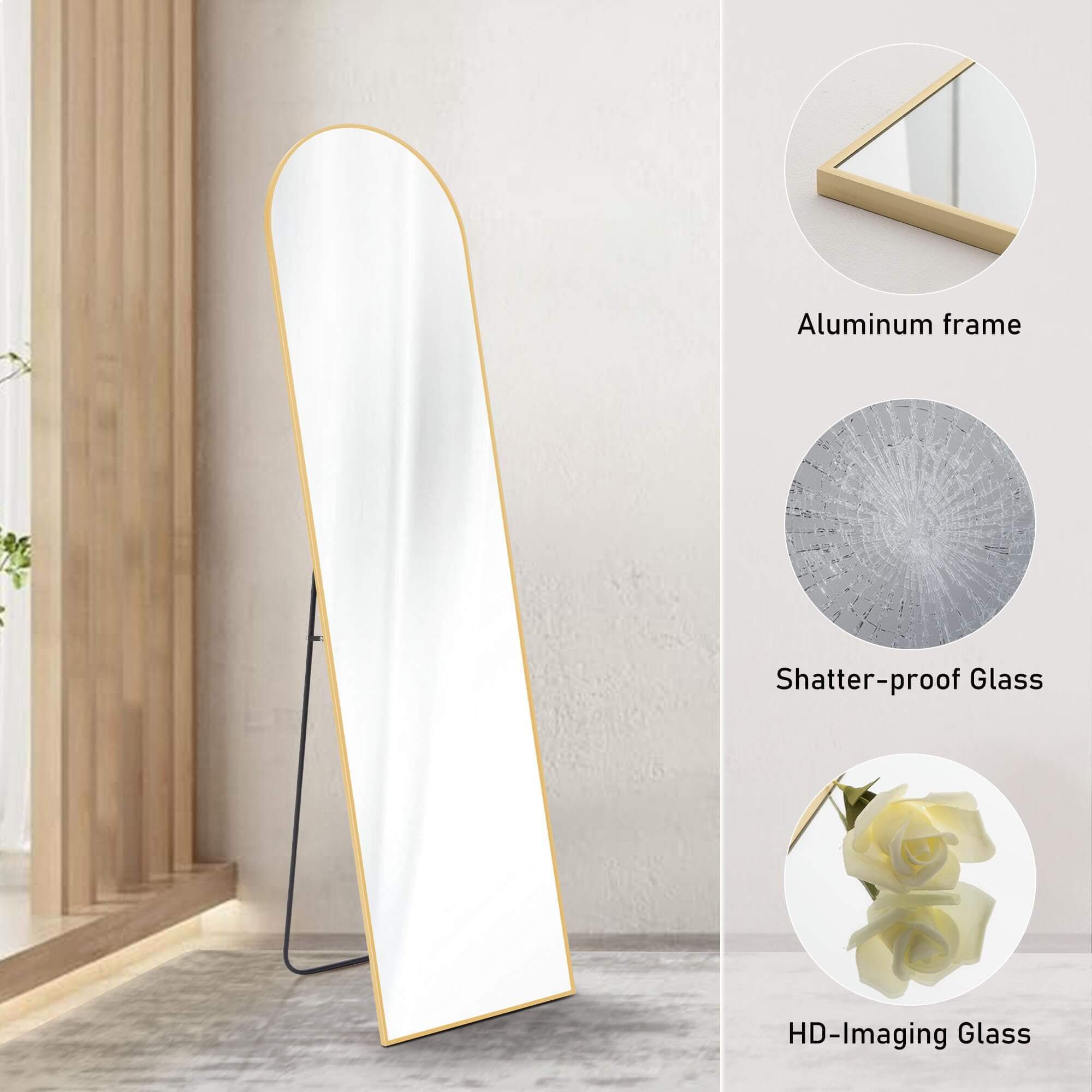 Floor Standing Mirror, Wall Mirror with Stand Aluminum Alloy Thin Frame,21''*64'',Gold-arched