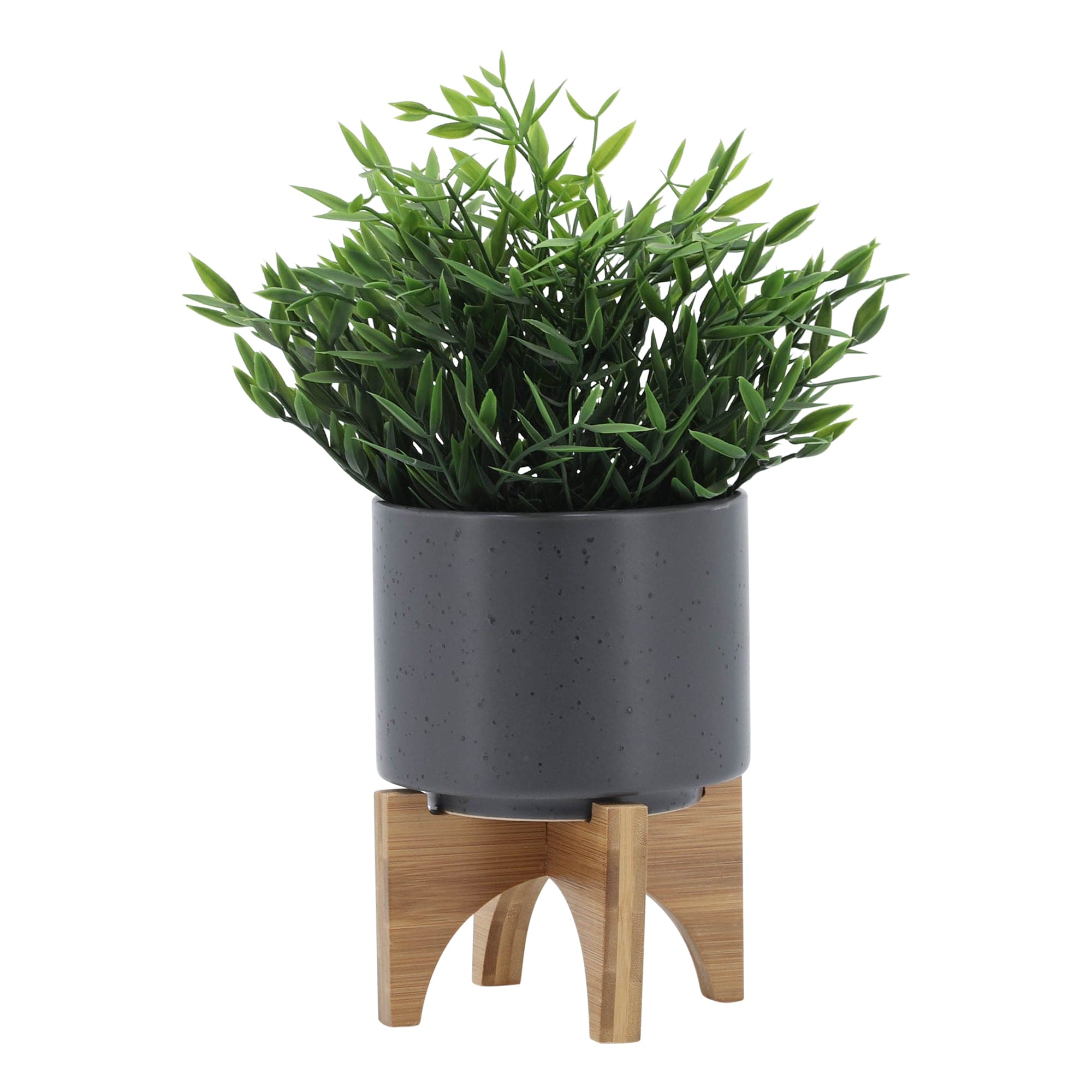 5" PLANTER W/ WOOD STAND, MATTE GRAY