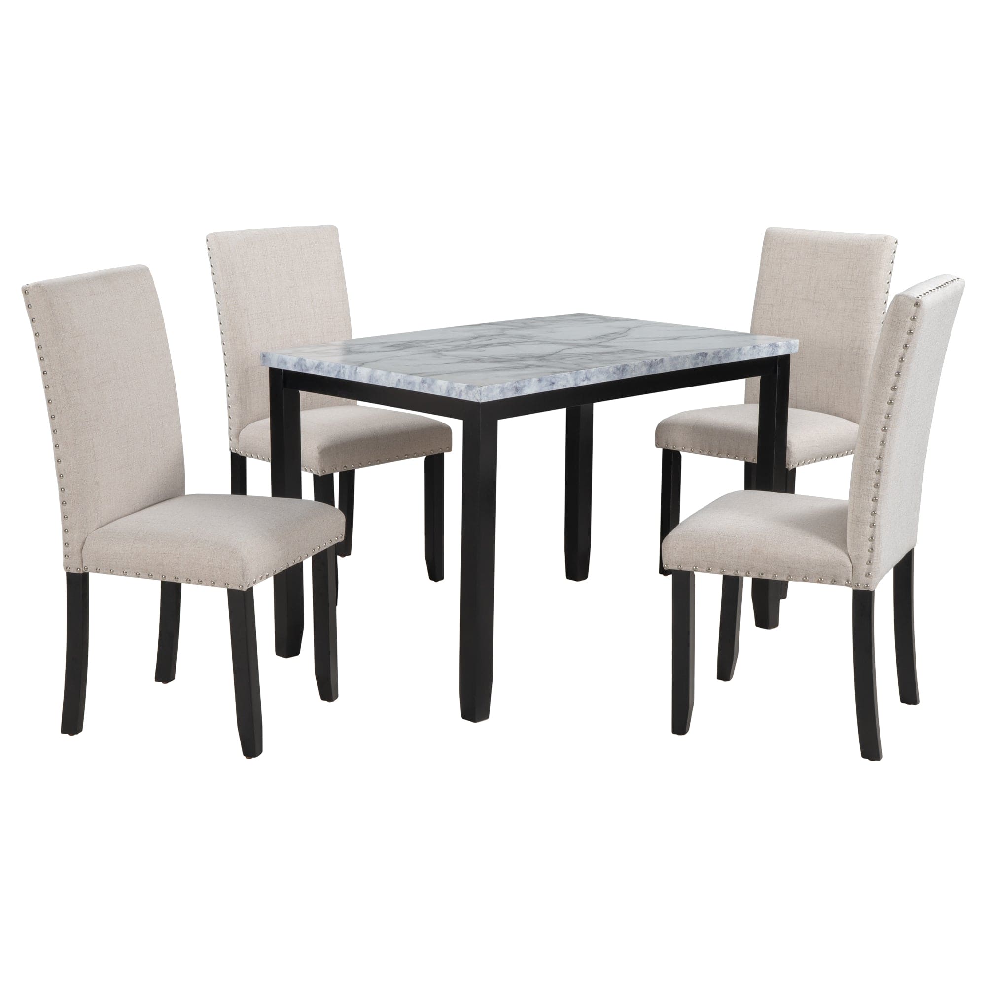 TREXM Faux Marble 5-Piece Dining Set Table with 4 Thicken Cushion Dining Chairs Home Furniture, White/Beige+Black